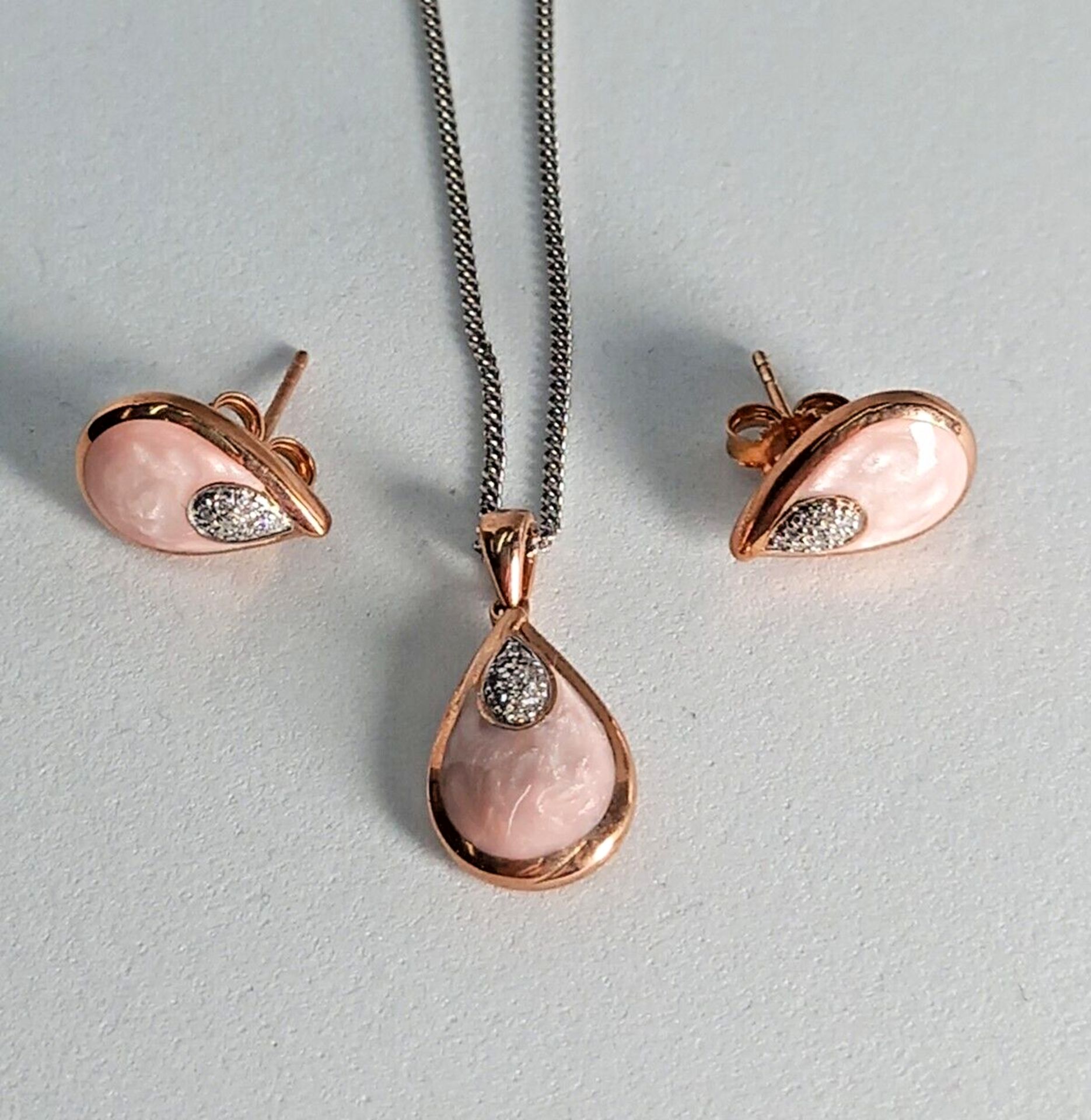 PENDANT & EARRING SET/CERAMIC & DIAMONDS BABY PINK/ROSE STERLING SILVER - Image 5 of 5