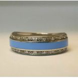 CERAMIC & 0.10CT DIAMONDS RING/PALE BLUE STIRLING SILVER