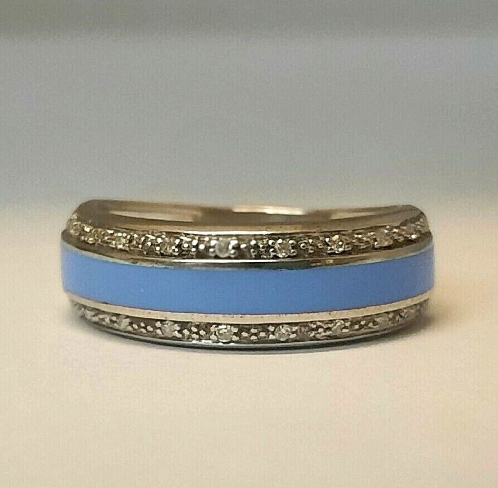 CERAMIC & 0.10CT DIAMONDS RING/PALE BLUE STIRLING SILVER