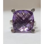 LARGE AMETHYST & DIAMOND SILVER RING