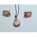 PENDANT & EARRING SET/CERAMIC & DIAMONDS BABY PINK/ROSE STERLING SILVER