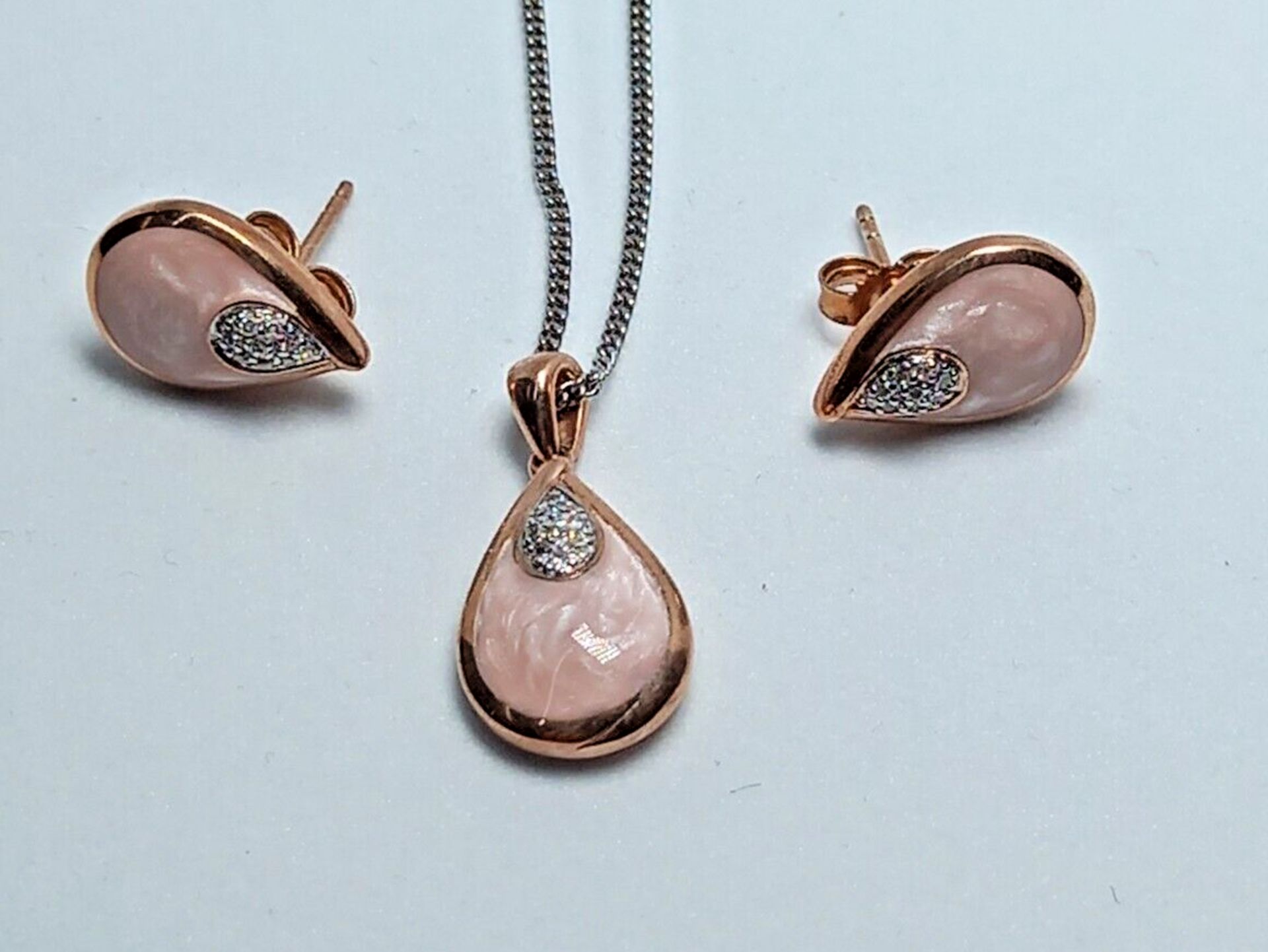 PENDANT & EARRING SET/CERAMIC & DIAMONDS BABY PINK/ROSE STERLING SILVER