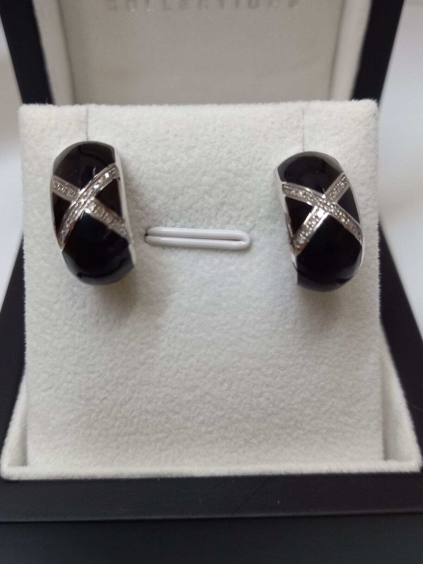 BLACK CERAMIC & DIAMOND EARRINGS/STERLING SILVER - Image 3 of 3