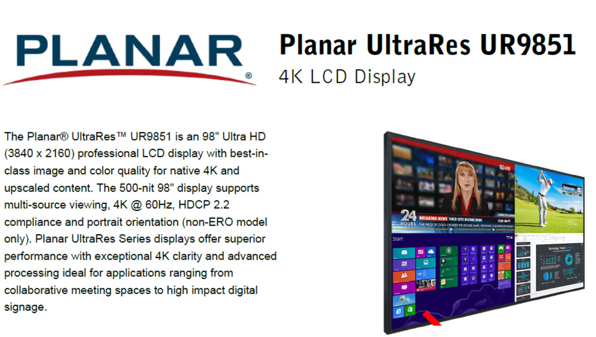 PLANAR ULTRARES 98" ULTRA HD 4K (3840 X 2160) UR9851 LCD COMMERCIAL DISPLAY RRP £15,000 - Bild 2 aus 3