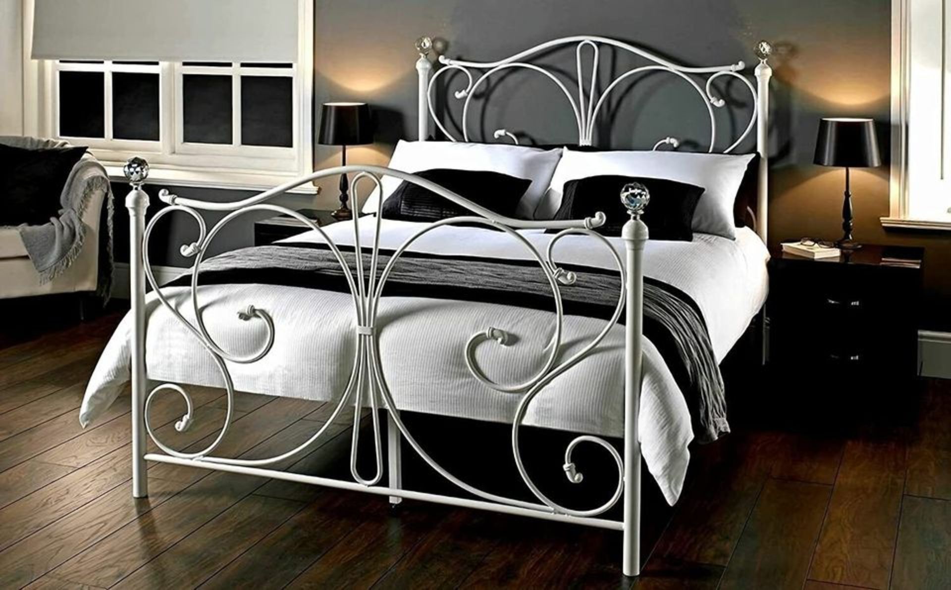 WHITE SINGLE METAL BED FRAME WITH CRYSTAL FINIALS