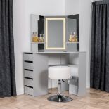 GREY 5 DRAWER MAKE UP CORNER DRESSING TABLE WITH TOUCH LED MIRROR AND STOOL