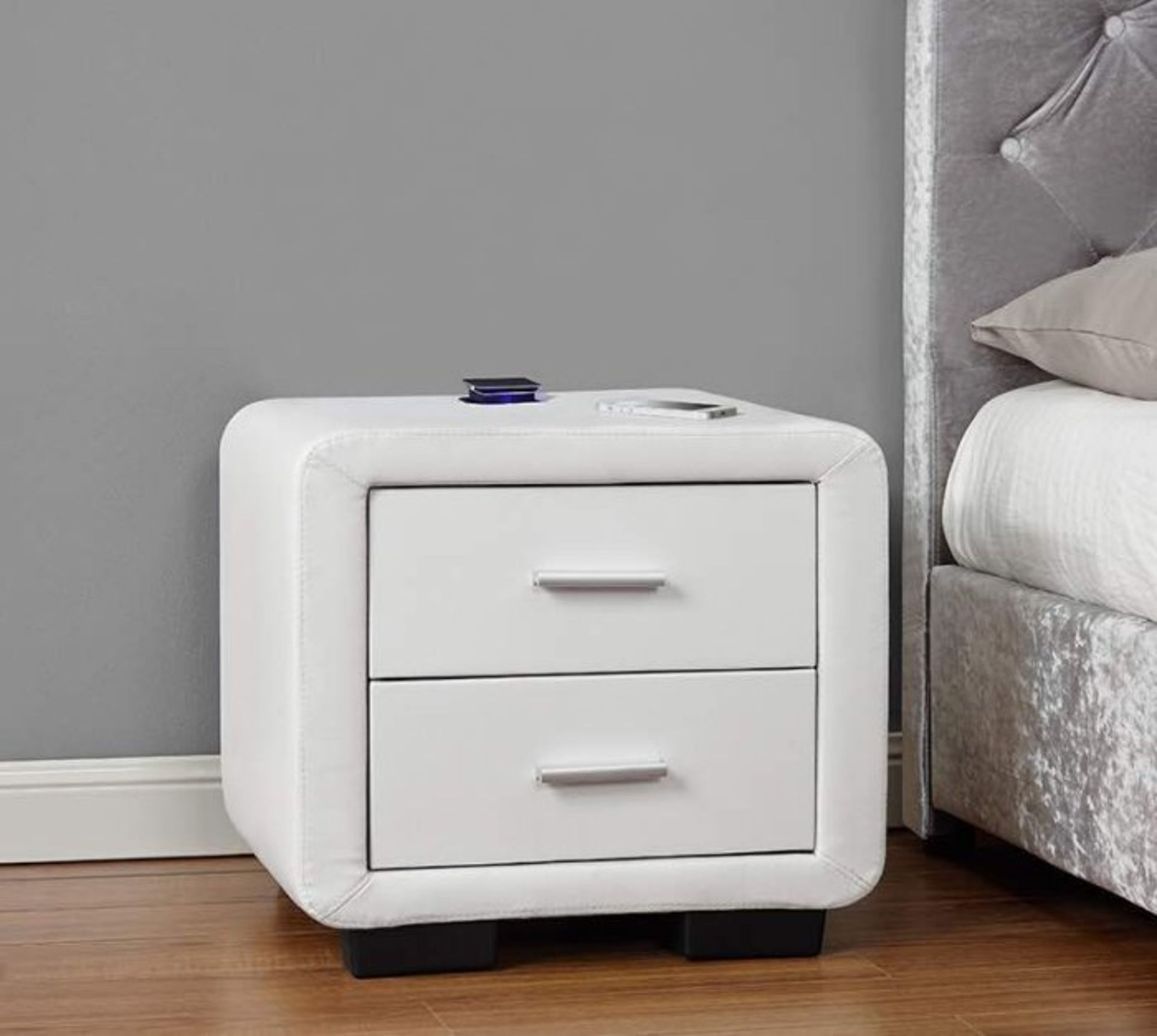 WHITE LEATHER BEDSIDE WITH BUILT IN BLUETOOTH LED SPEAKER