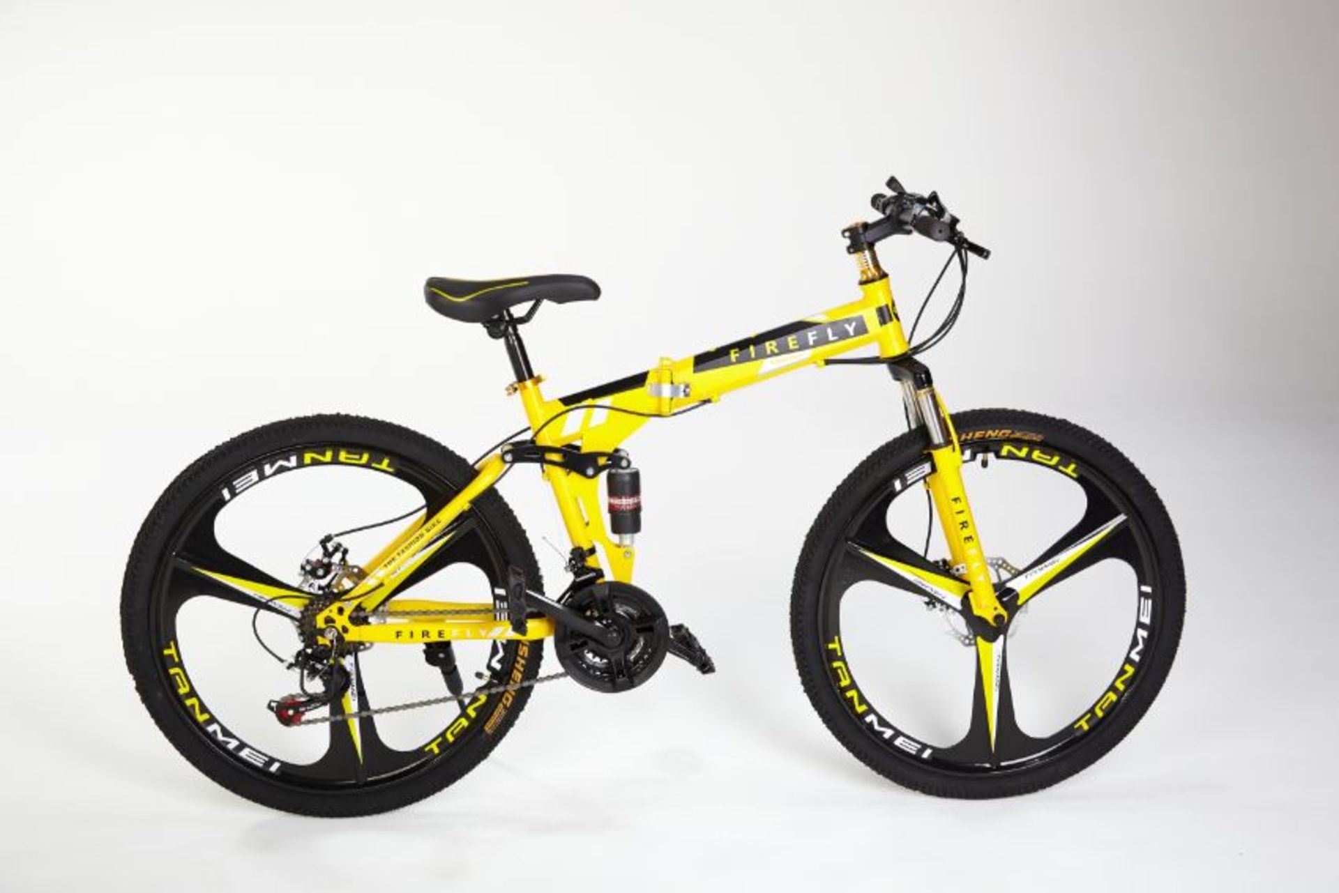 YELLOW 26" FULL SUSPENSION 21 GEAR FOLDING MOUNTAIN BIKE - Image 2 of 11