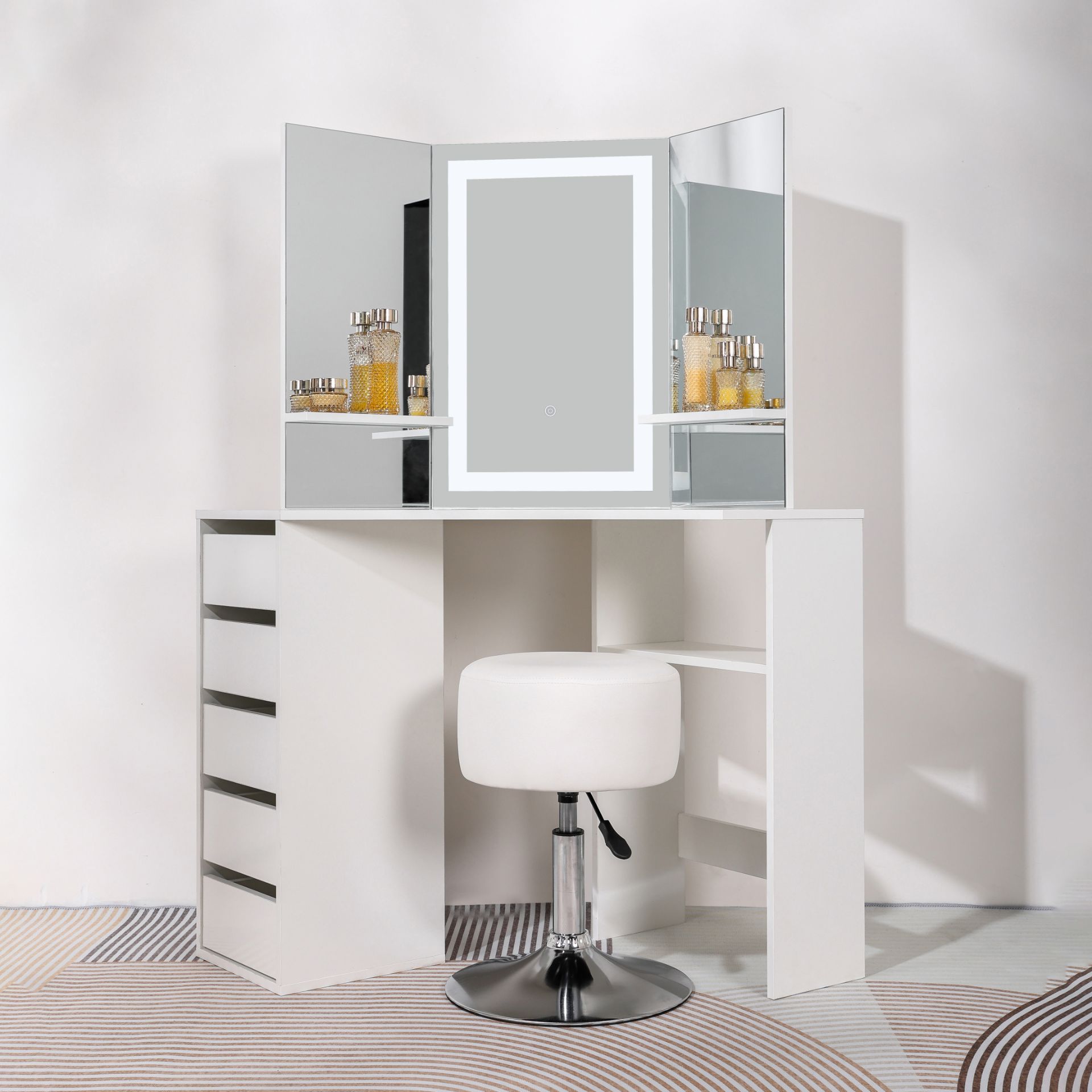 5 DRAWER MAKE UP CORNER DRESSING TABLE WITH TOUCH LED MIRROR AND STOOL - WHITE RRP £349.99 - Image 3 of 4