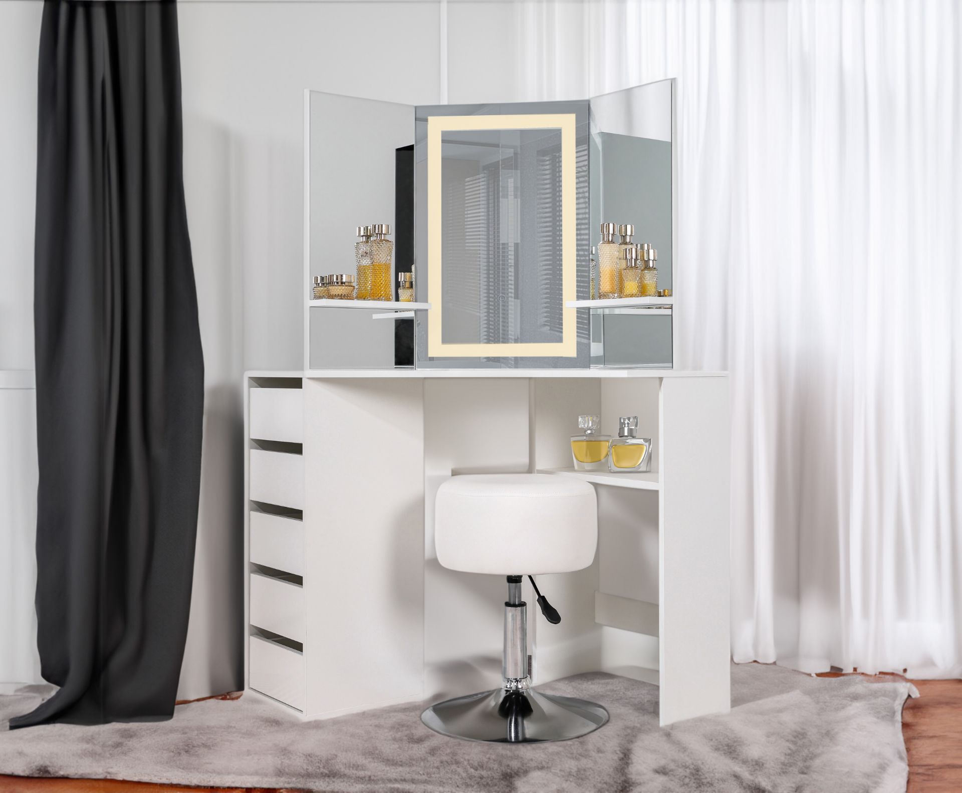 5 DRAWER MAKE UP CORNER DRESSING TABLE WITH TOUCH LED MIRROR AND STOOL - WHITE RRP £349.99