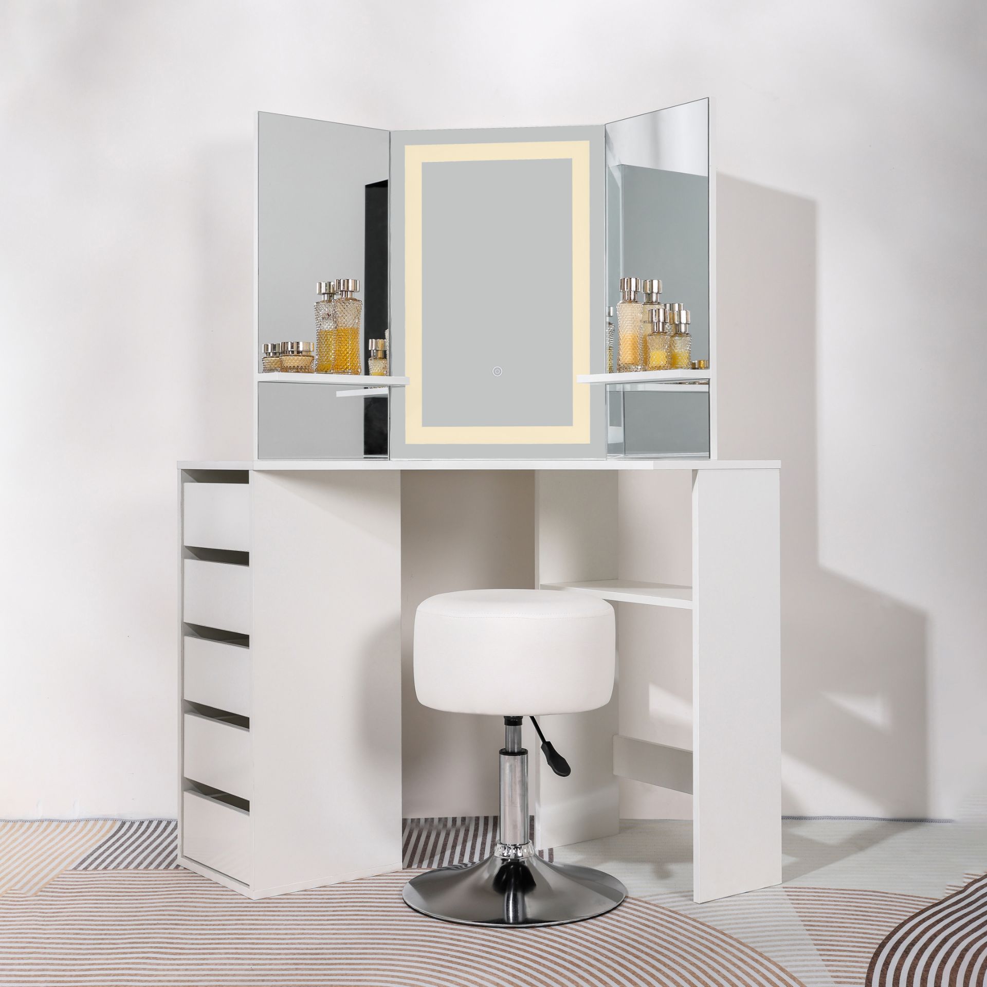 5 DRAWER MAKE UP CORNER DRESSING TABLE WITH TOUCH LED MIRROR AND STOOL - WHITE RRP £349.99 - Image 4 of 4