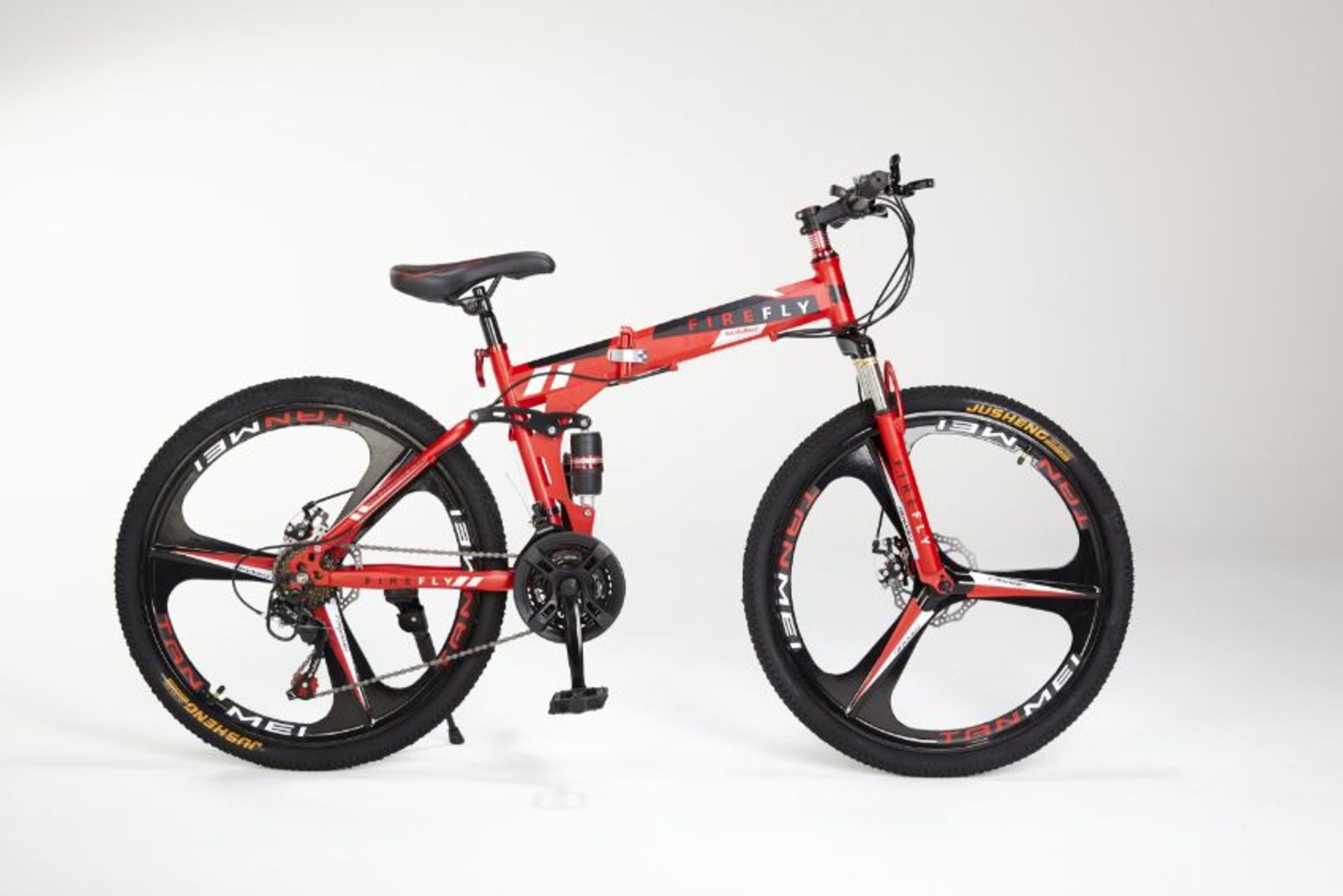 FULL SUSPENSION RED FIREFLY FOLDING 21 GEAR MOUNTAIN BIKE 3 SPOKE 26" WHEELS - Image 2 of 10