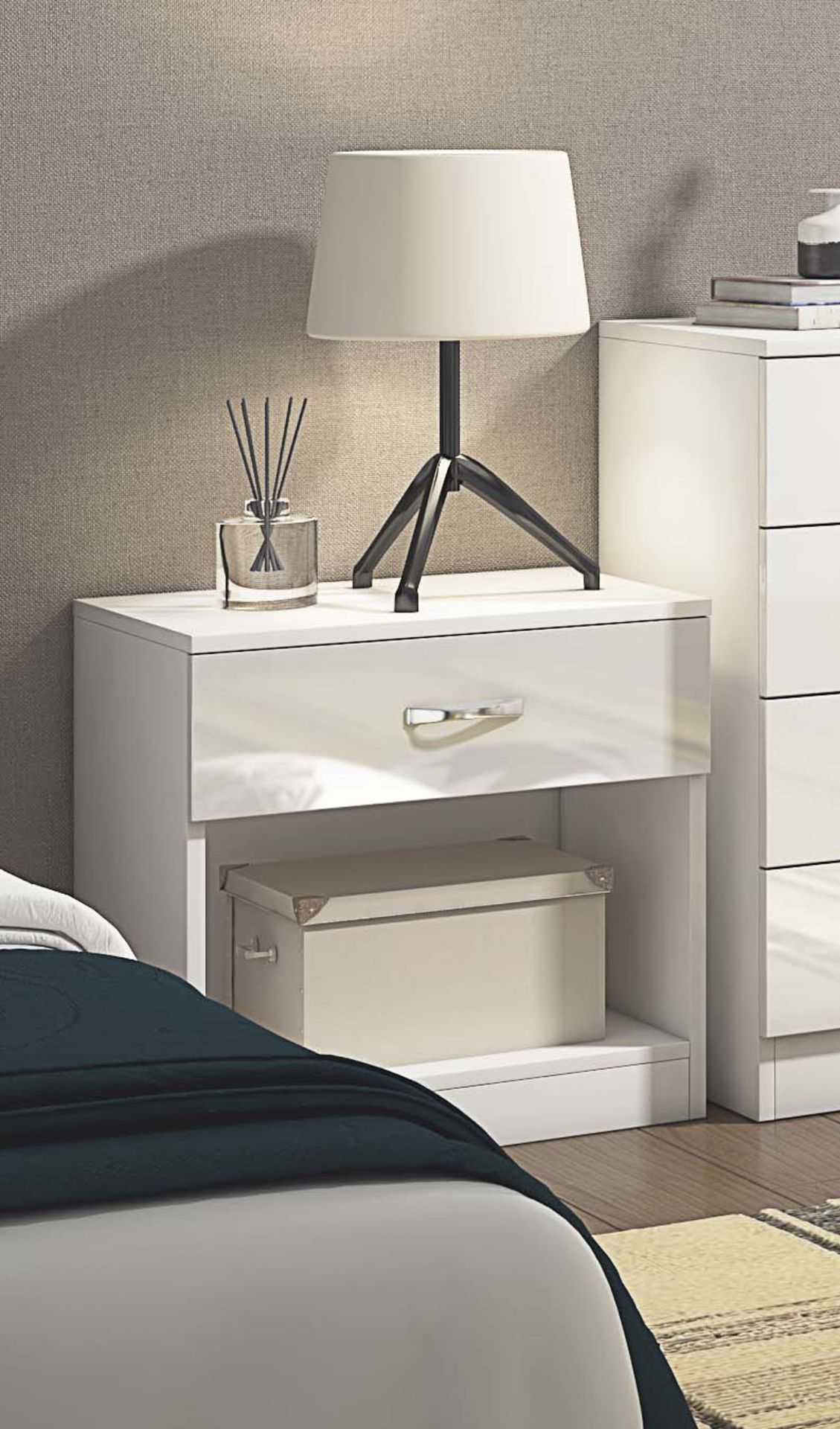 WHITE HIGH GLOSS BEDSIDE - NEW FLATPACKED
