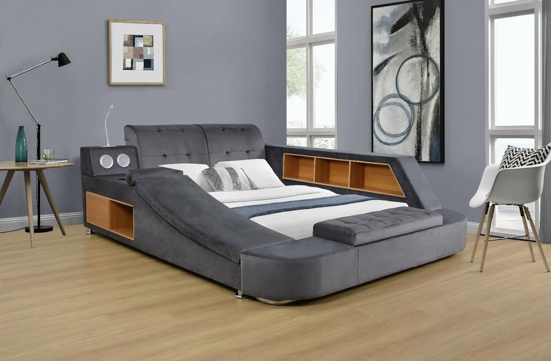 MULTI FUNCTION BED - MASSAGE, LIGHT, STORAGE, SAFE (KING SIZE, GREY) RRP £2199