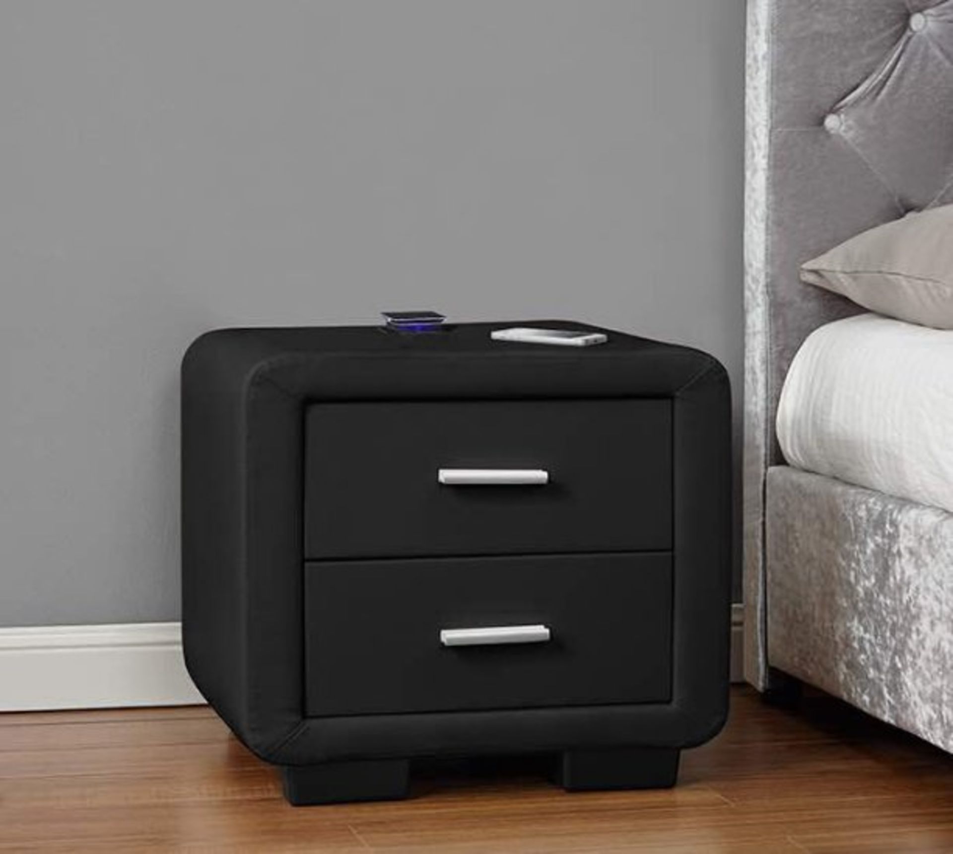 BLACK LEATHER BEDSIDE WITH BUILT IN RECHARGEABLE POP UP BLUETOOTH SPEAKER