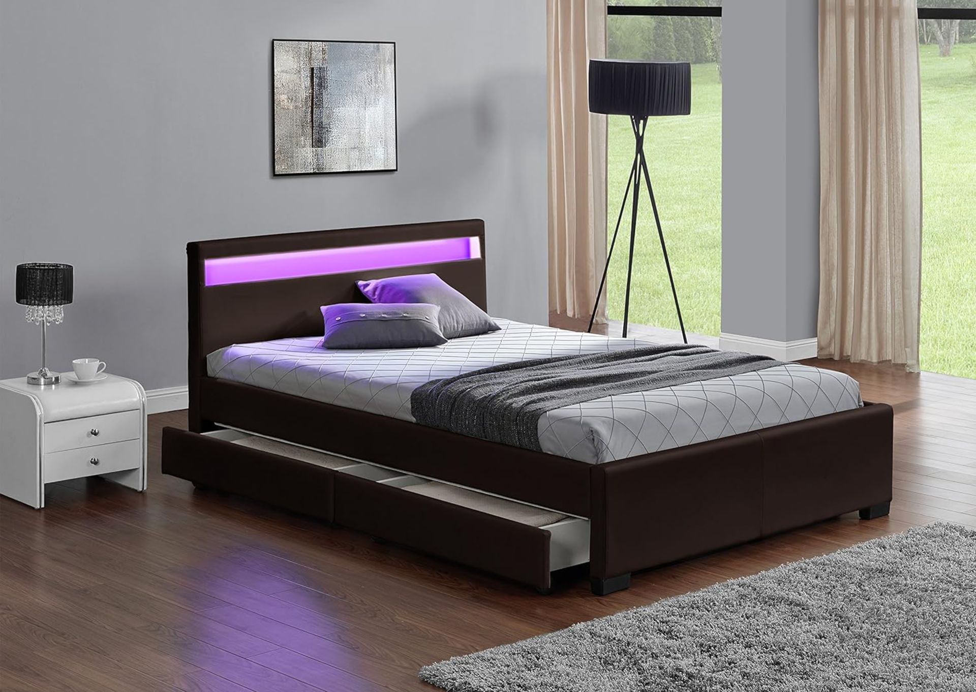 DESIGNER MUSIC BED, BLUETOOTH, SPEAKERS, LED COLOUR CHANGING FAUX LEATHER BED - Image 4 of 6