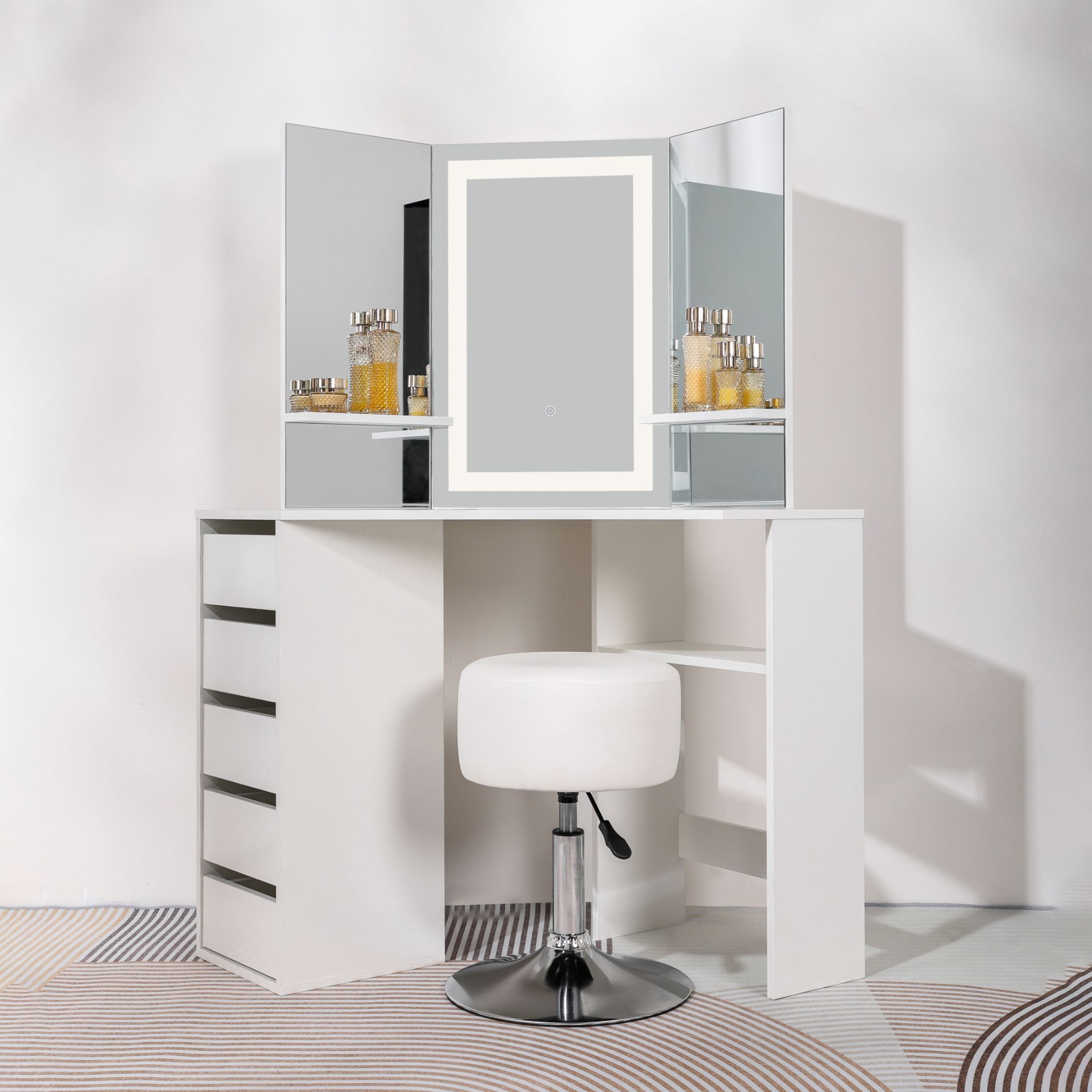 5 X BRAND NEW MAKE UP CORNER DRESSING TABLE 5 DRAWER WITH TOUCH LED MIRROR & STOOL RRP £1750 - Image 2 of 4