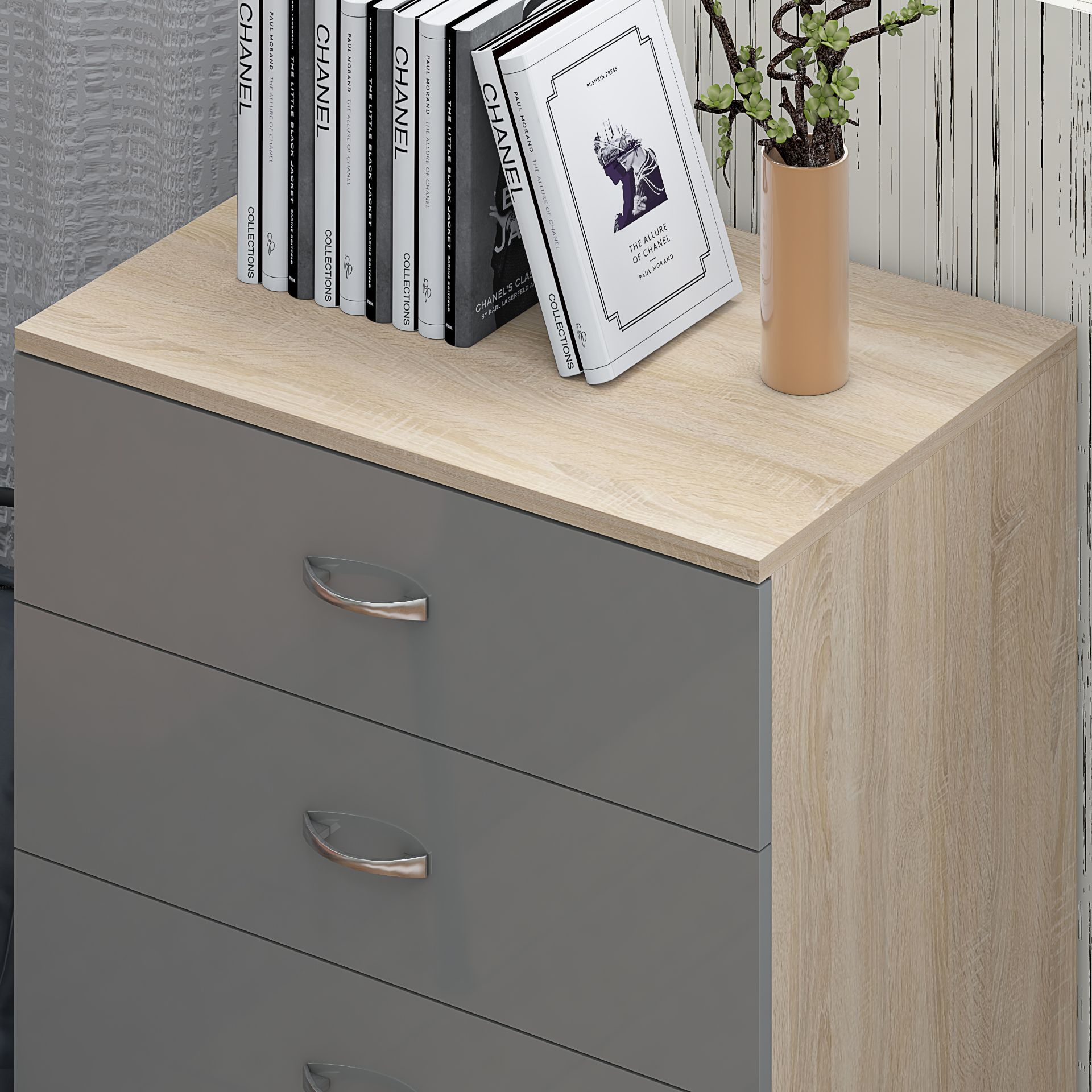 10 X BRAND NEW FLATPACKED 4 DRAWER CHEST - HIGH GLOSS GREY ON SONOMA OAK FRAME - Image 5 of 8