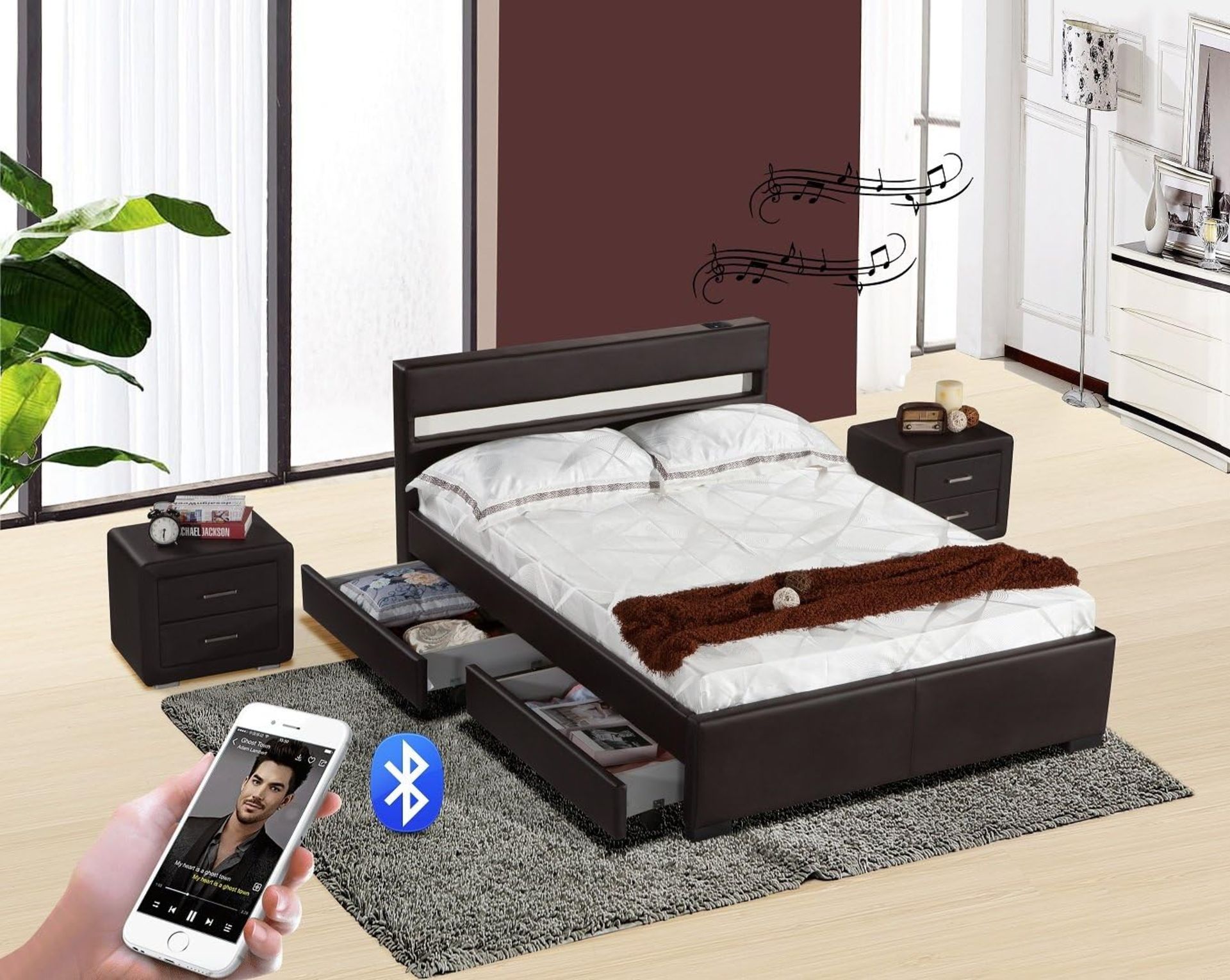 DESIGNER MUSIC BED, BLUETOOTH, SPEAKERS, LED COLOUR CHANGING FAUX LEATHER BED - Image 6 of 6