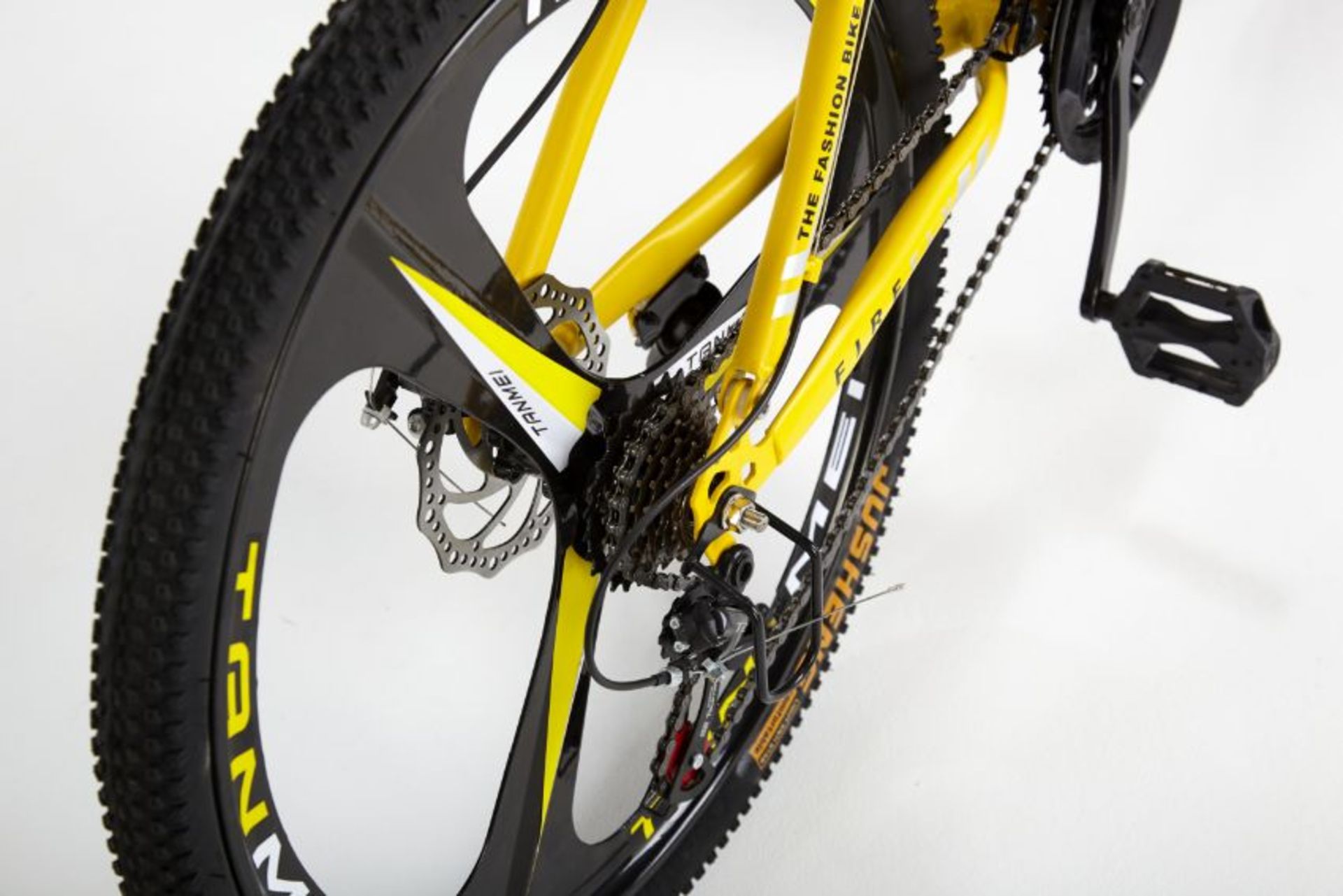 YELLOW 26" FULL SUSPENSION 21 GEAR FOLDING MOUNTAIN BIKE - Image 9 of 11