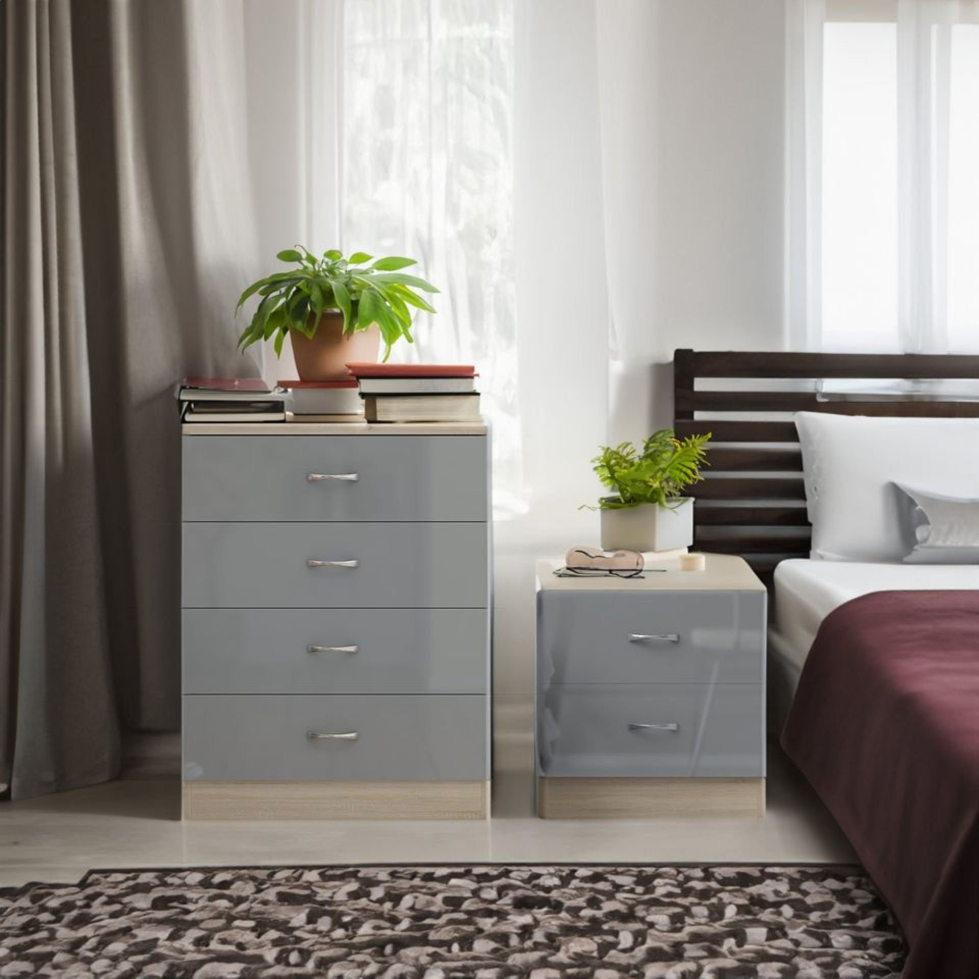 SET OF 1 X CHEST AND 1 X BEDSIDE - BRAND NEW FLATPACKED GREY GLOSS ON SONOMA OAK