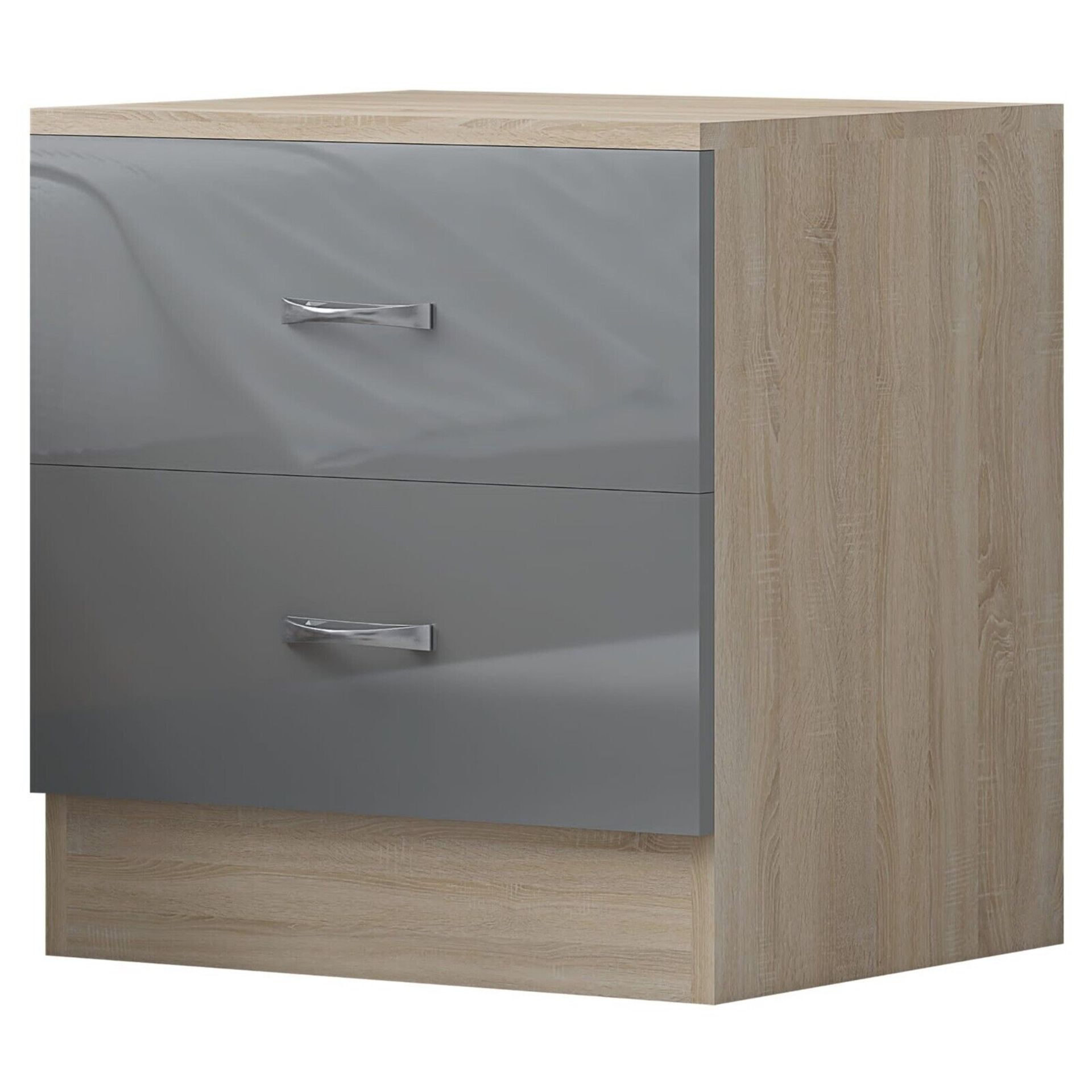 JOB LOT 10 X HARMIN GREY HIGH GLOSS ON OAK FRAME 2 DRAWER BEDSIDE CABINET TABLE - Bild 6 aus 8