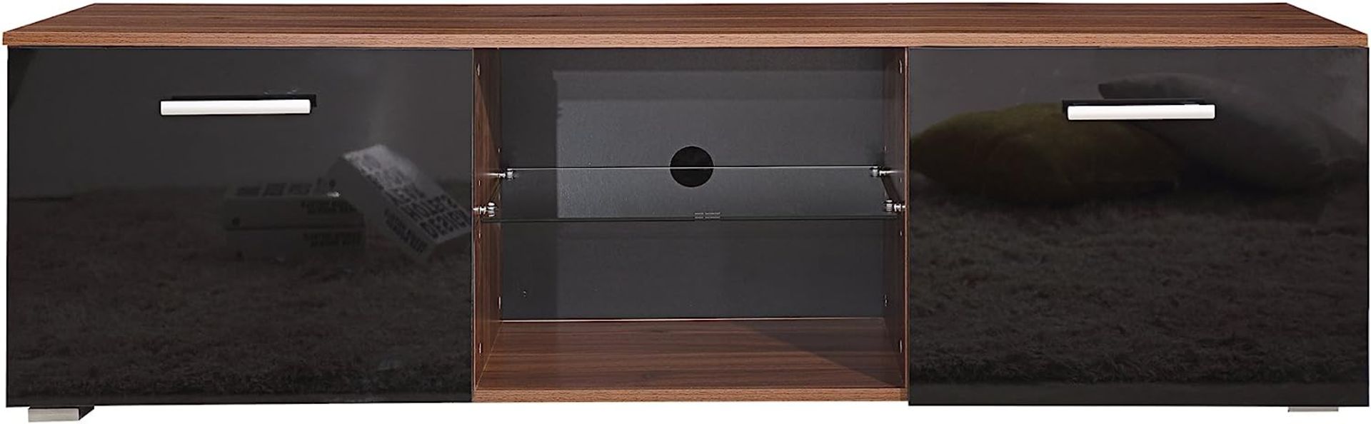 10 X BRAND NEW MODERN 160CM TV STAND CABINET UNIT WITH HIGH GLOSS DOORS (BLACK ON WALNUT) - Bild 4 aus 9