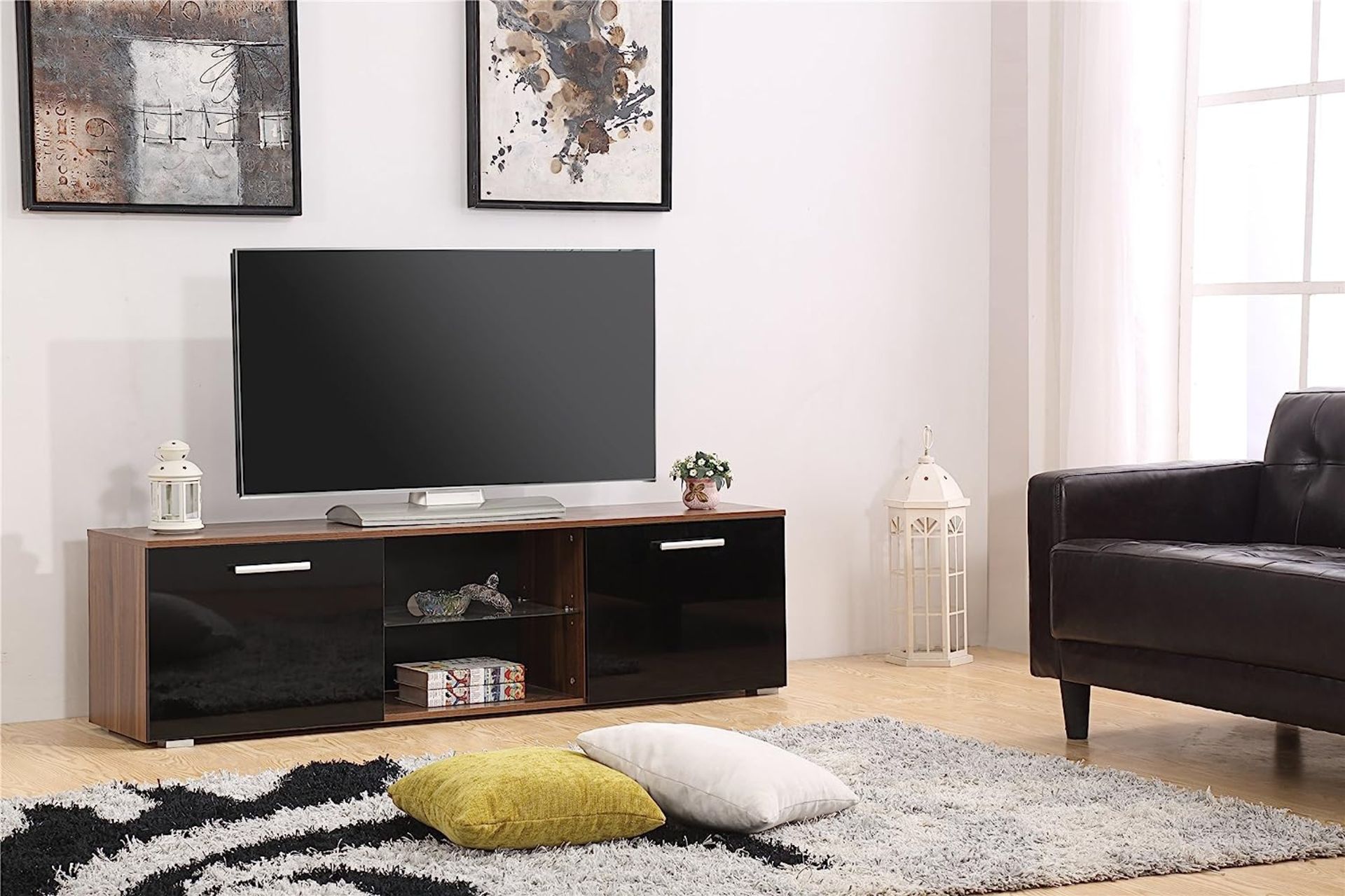 10 X BRAND NEW MODERN 160CM TV STAND CABINET UNIT WITH HIGH GLOSS DOORS (BLACK ON WALNUT)