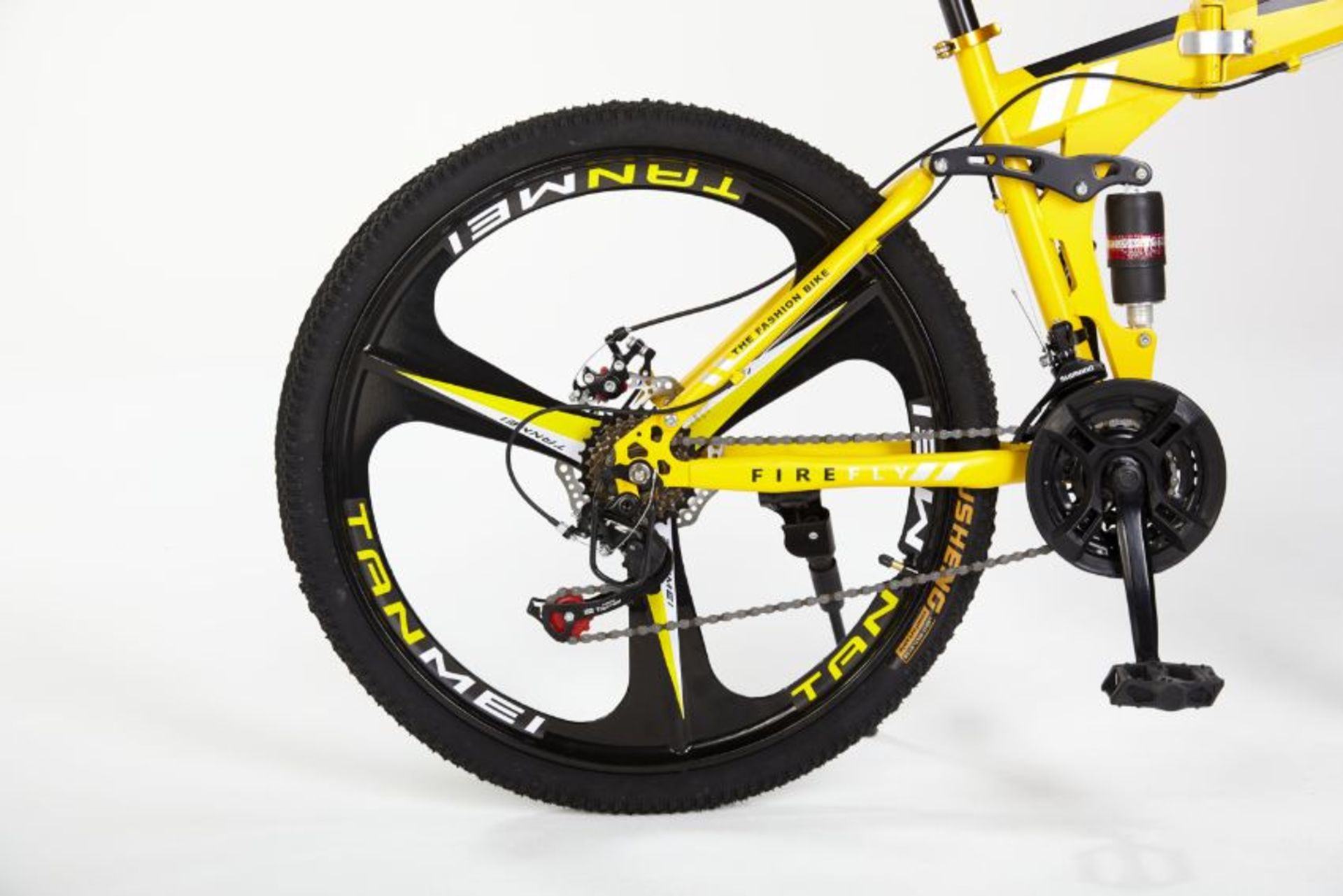 YELLOW 26" FULL SUSPENSION 21 GEAR FOLDING MOUNTAIN BIKE - Image 4 of 11