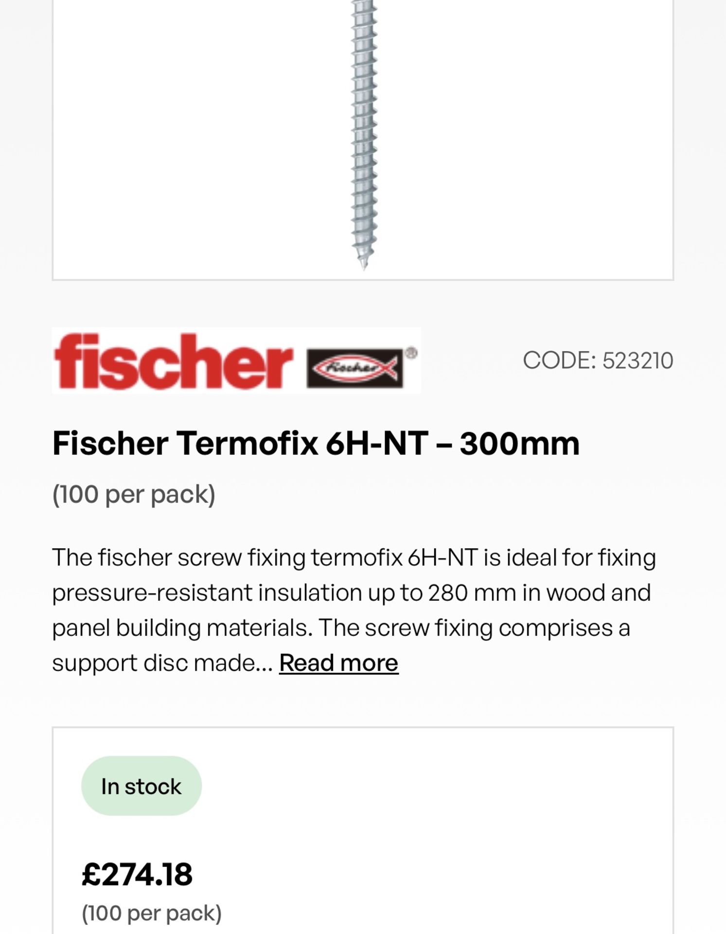 2 BOXES FISCHER THERMOFIX 6 H-NT 300MM 100 IN BOX INSULATION