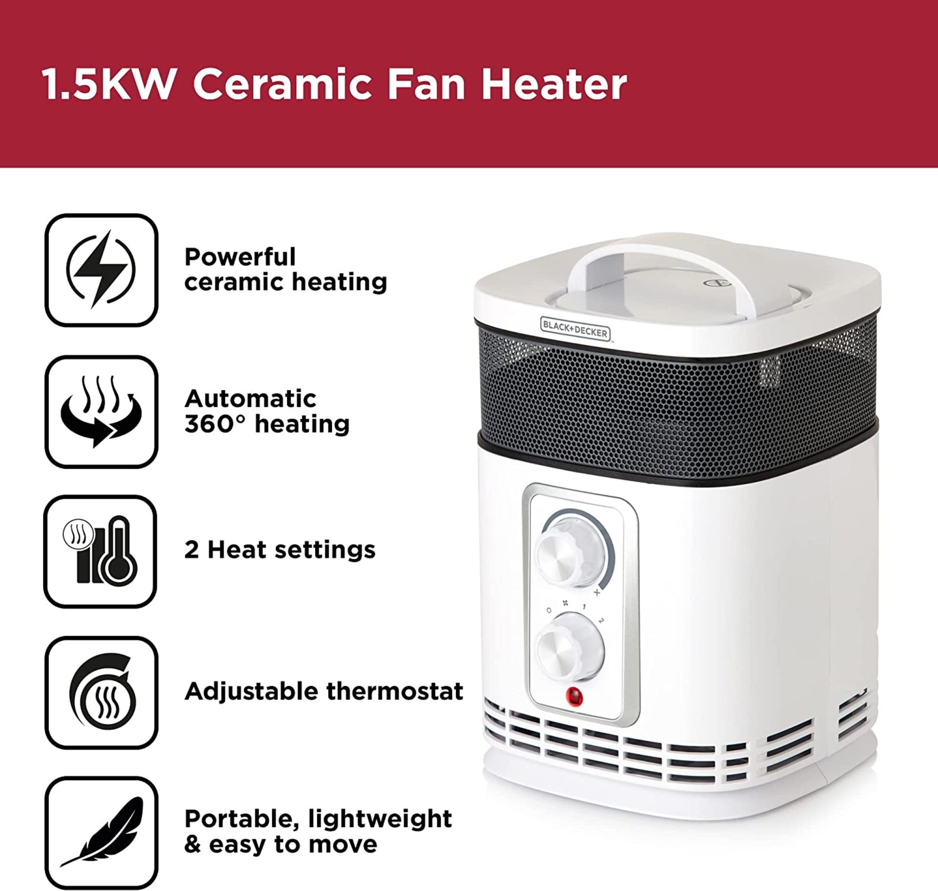 BLACK+DECKER CERAMIC FAN HEATER, 360° HEATING, 2 HEAT SETTING, 1 FAN SETTING, 1.5KW, WHITE - Bild 9 aus 9