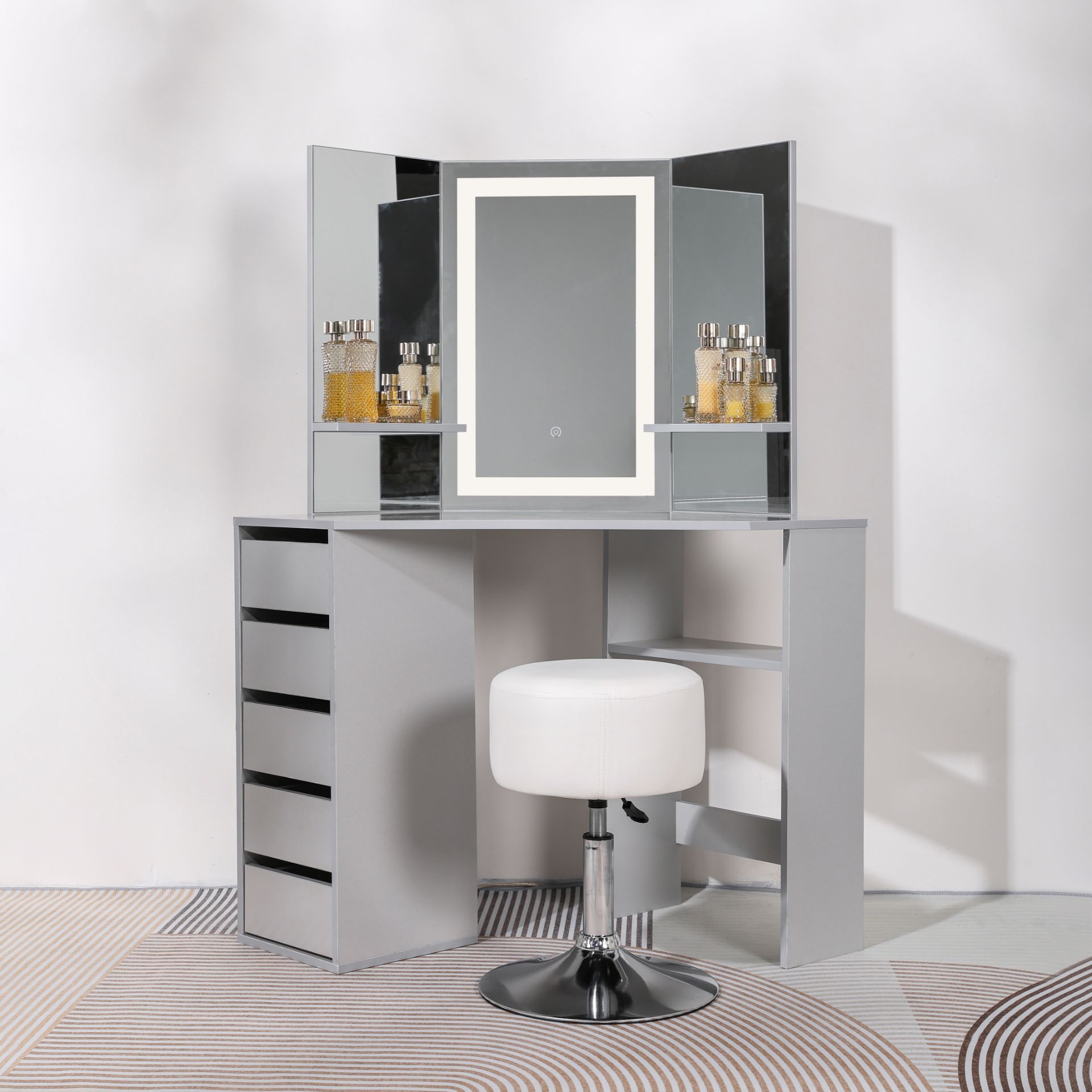 GREY 5 DRAWER MAKE UP CORNER DRESSING TABLE WITH TOUCH LED MIRROR AND STOOL RRP £349.99 - Bild 2 aus 5