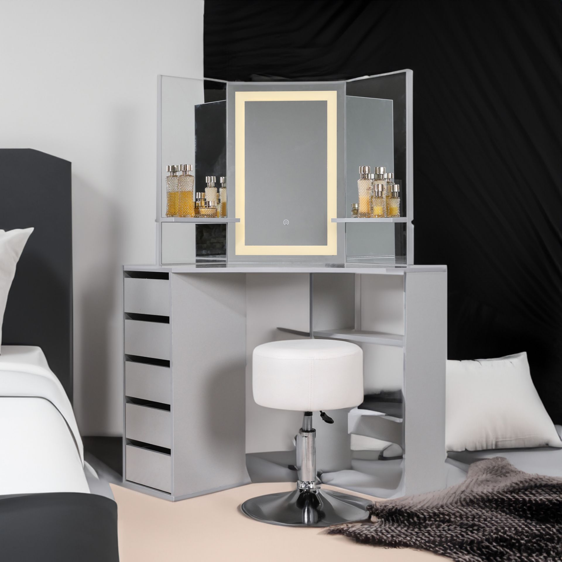 GREY 5 DRAWER MAKE UP CORNER DRESSING TABLE WITH TOUCH LED MIRROR AND STOOL RRP £349.99 - Bild 5 aus 5