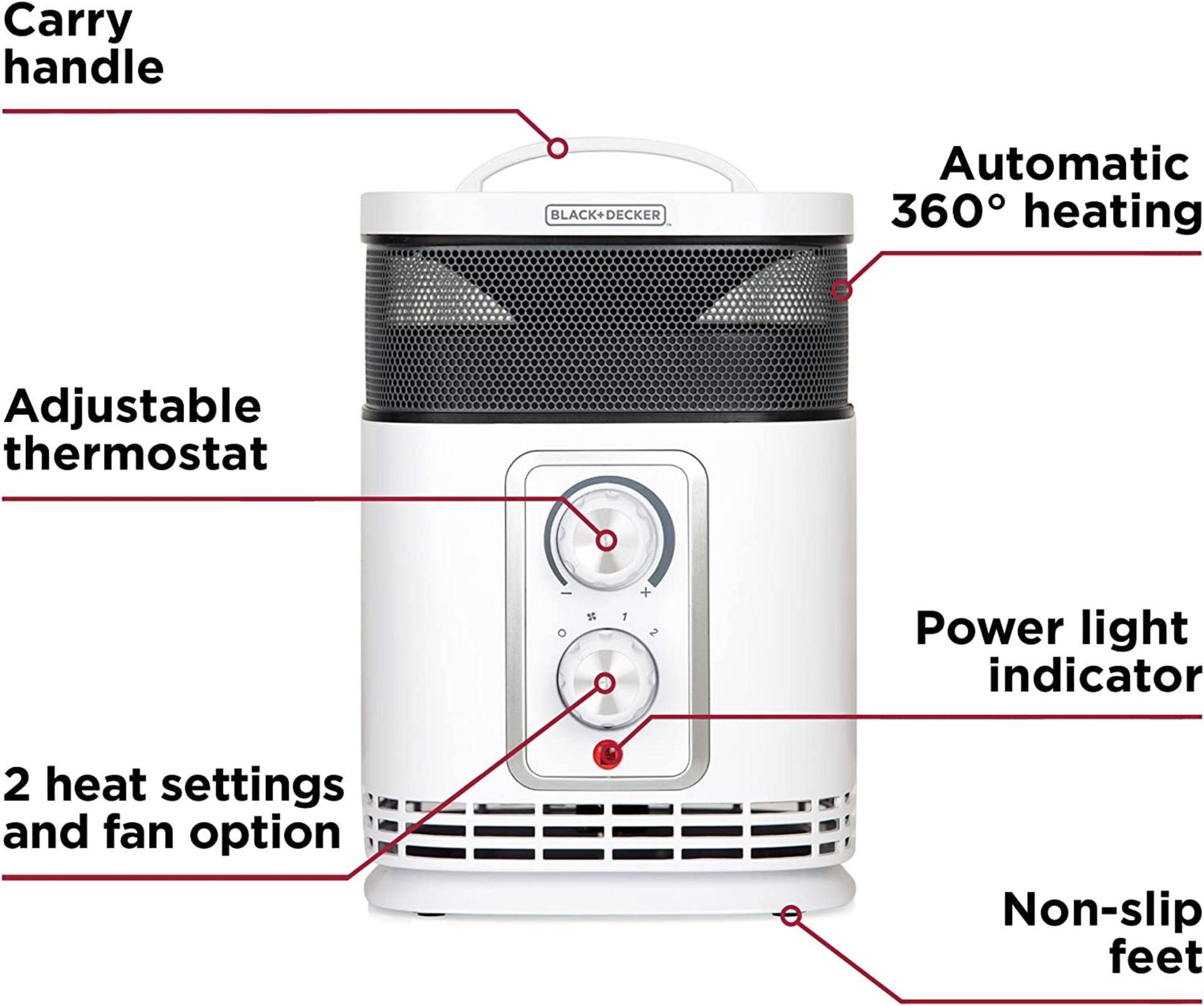 BLACK+DECKER CERAMIC FAN HEATER, 360° HEATING, 2 HEAT SETTING, 1 FAN SETTING, 1.5KW, WHITE - Image 3 of 9