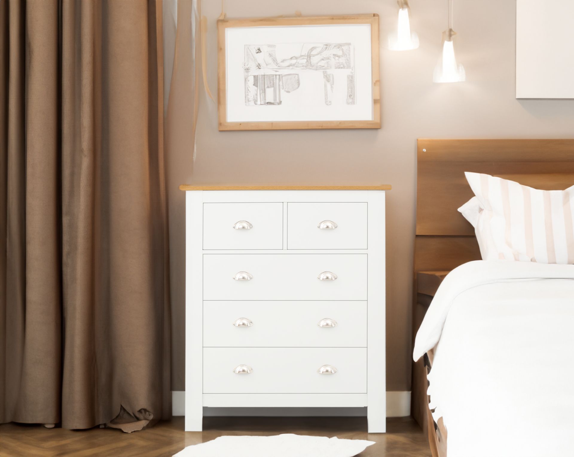 BRAND NEW FLATPACKED SHAKER-INSPIRED STYLISH 5 DRAWER CHEST (WHITE WITH OAK COLOURED TOP)