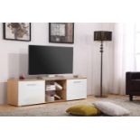 BRAND NEW HARMIN MODERN 160CM TV STAND CABINET UNIT WITH HIGH GLOSS DOORS (WHITE ON OAK)