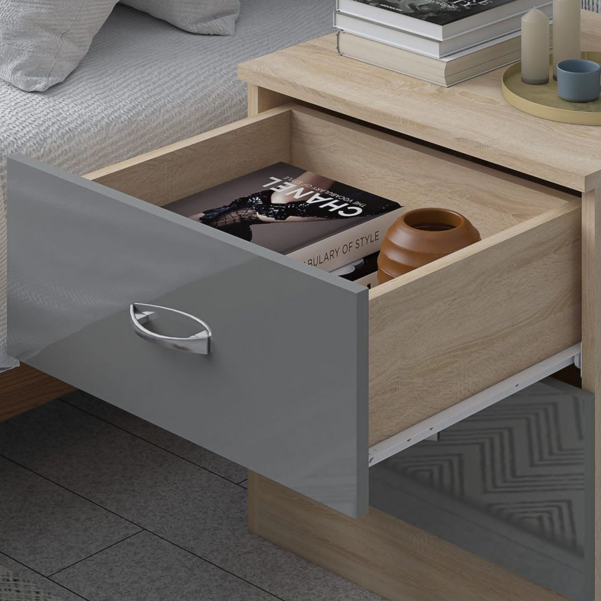 10 X SETS OF CHEST AND BEDSIDE - GREY GLOSS ON SONOMA OAK - Image 6 of 8