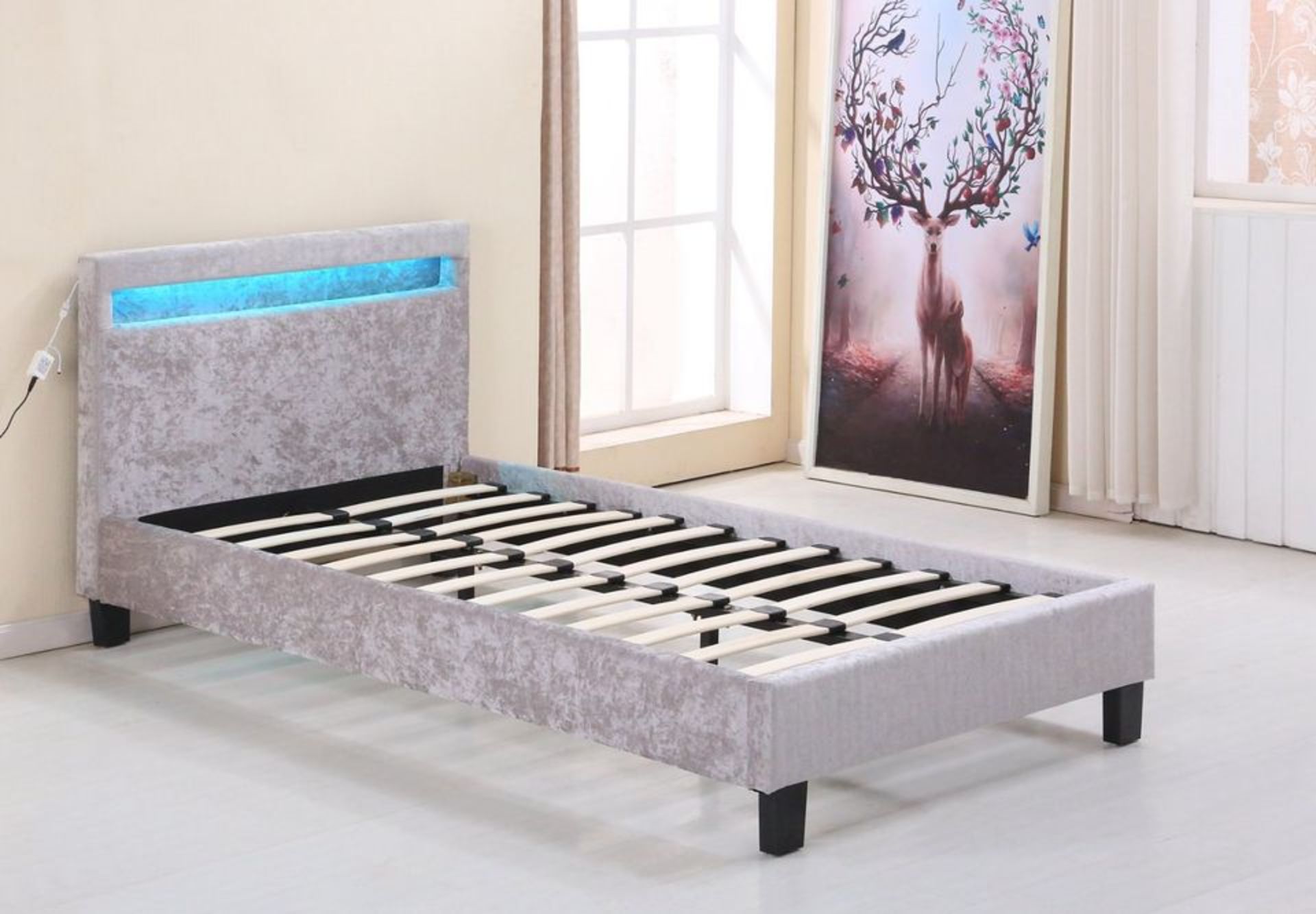 COOL SINGLE LED COLOUR CHANGING BED WITH REMOTE BRAND NEW BOXED - SILVER CRUSHED VELVET
