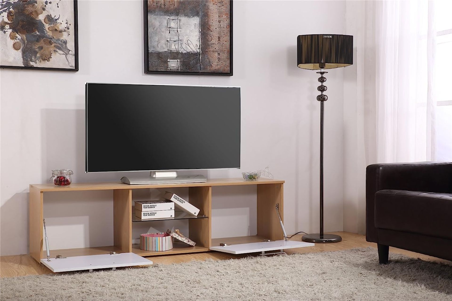 5 X BRAND NEW HARMIN MODERN 160CM TV STAND CABINET UNIT WITH HIGH GLOSS DOORS (WHITE ON OAK) - Image 3 of 9