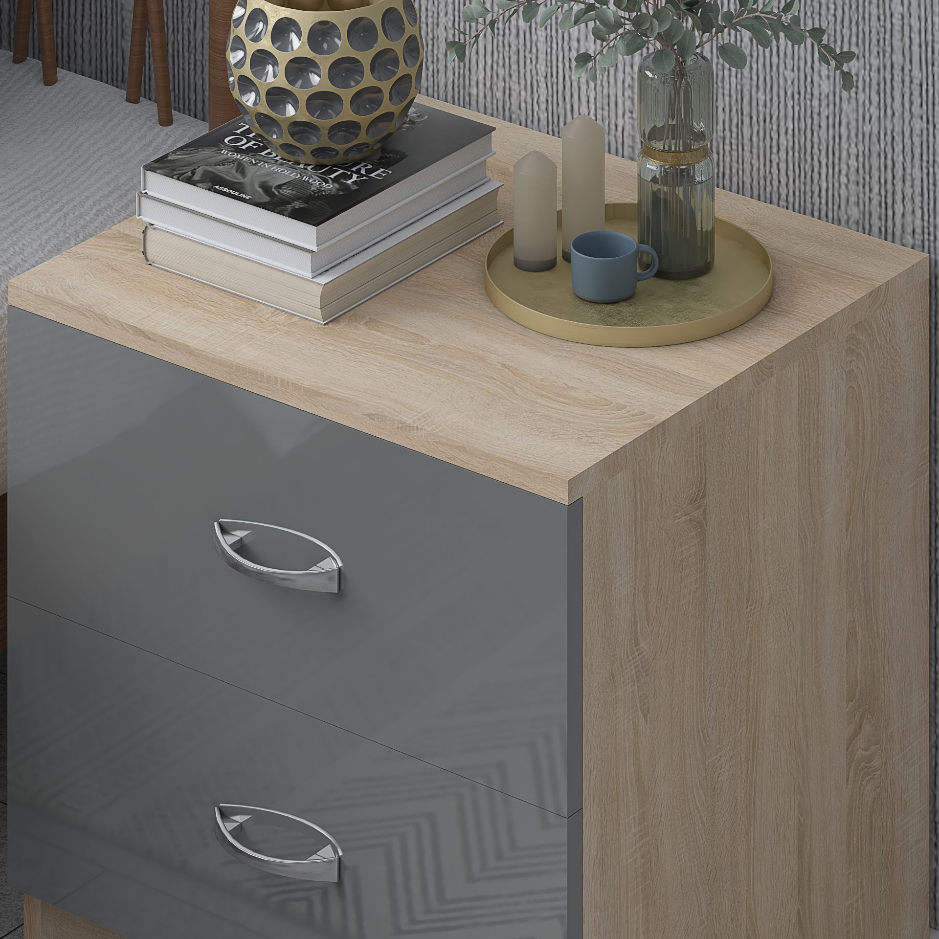 10 X NEW FLATPACKED HARMIN GREY HIGH GLOSS ON OAK FRAME 2 DRAWER BEDSIDE CABINET TABLE - Image 5 of 8