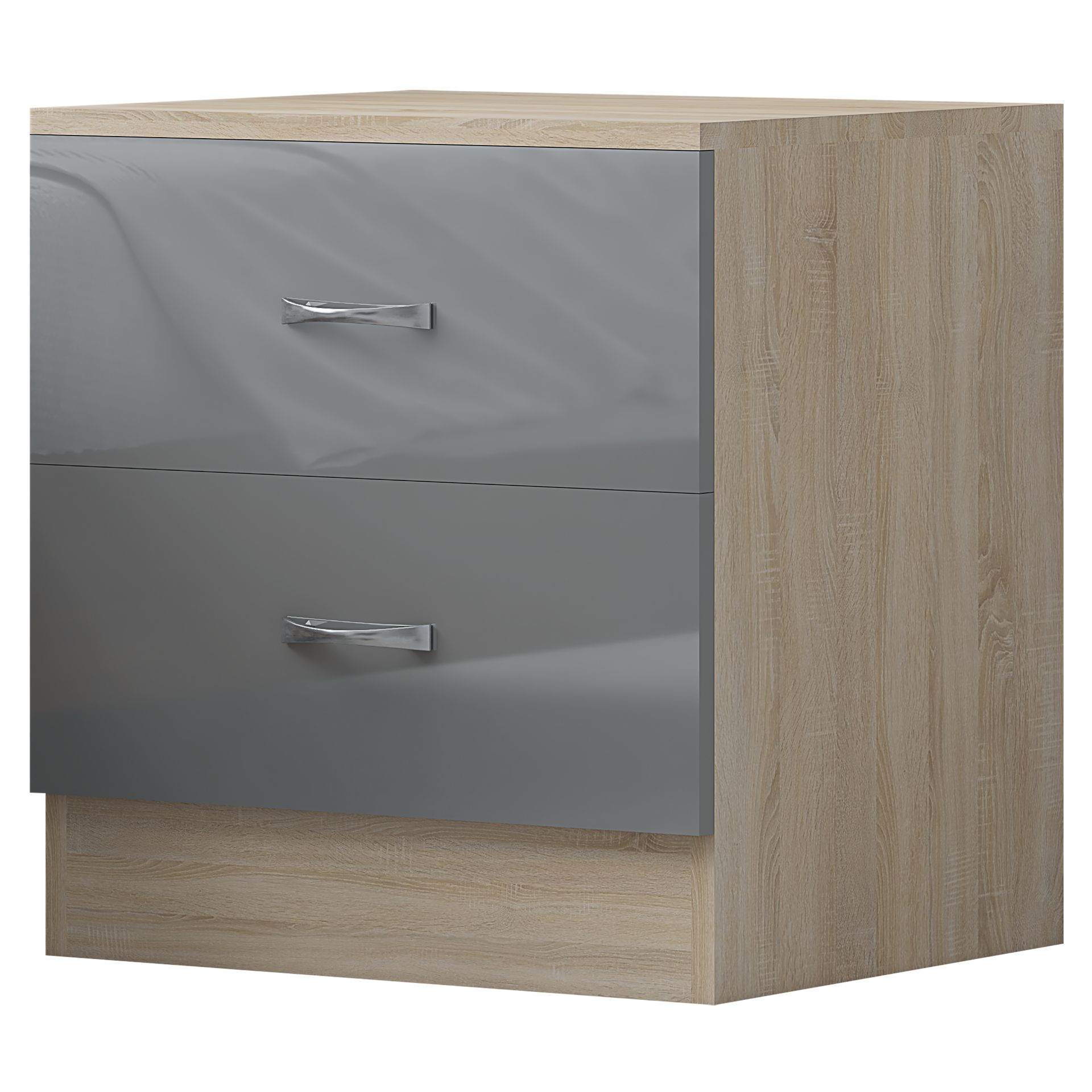 10 X FLATPACKED NEW HARMIN GREY HIGH GLOSS ON OAK FRAME 2 DRAWER BEDSIDE CABINET TABLE - Bild 2 aus 8