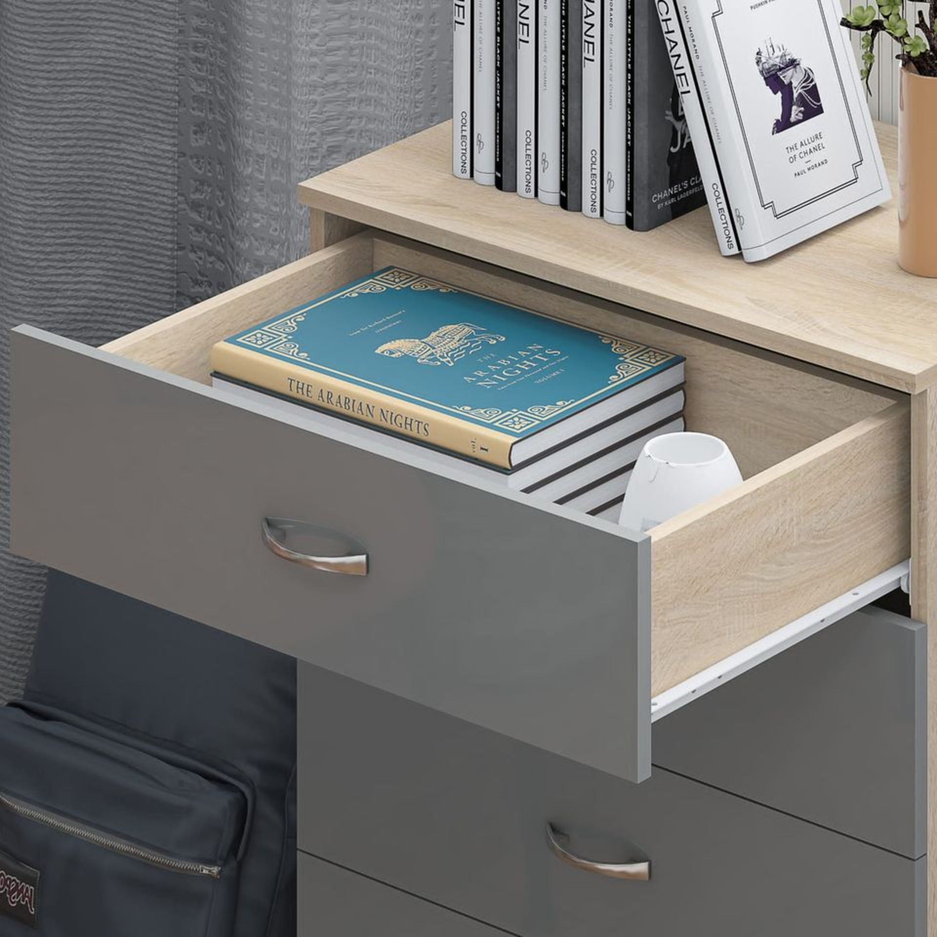 SET OF 1 X CHEST AND 1 X BEDSIDE - BRAND NEW FLATPACKED GREY GLOSS ON SONOMA OAK - Bild 4 aus 8