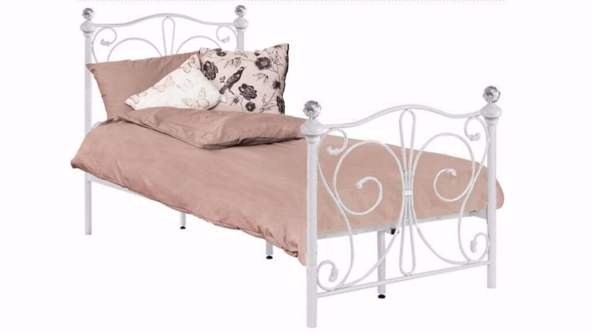 WHITE SINGLE METAL BED FRAME WITH CRYSTAL FINIALS