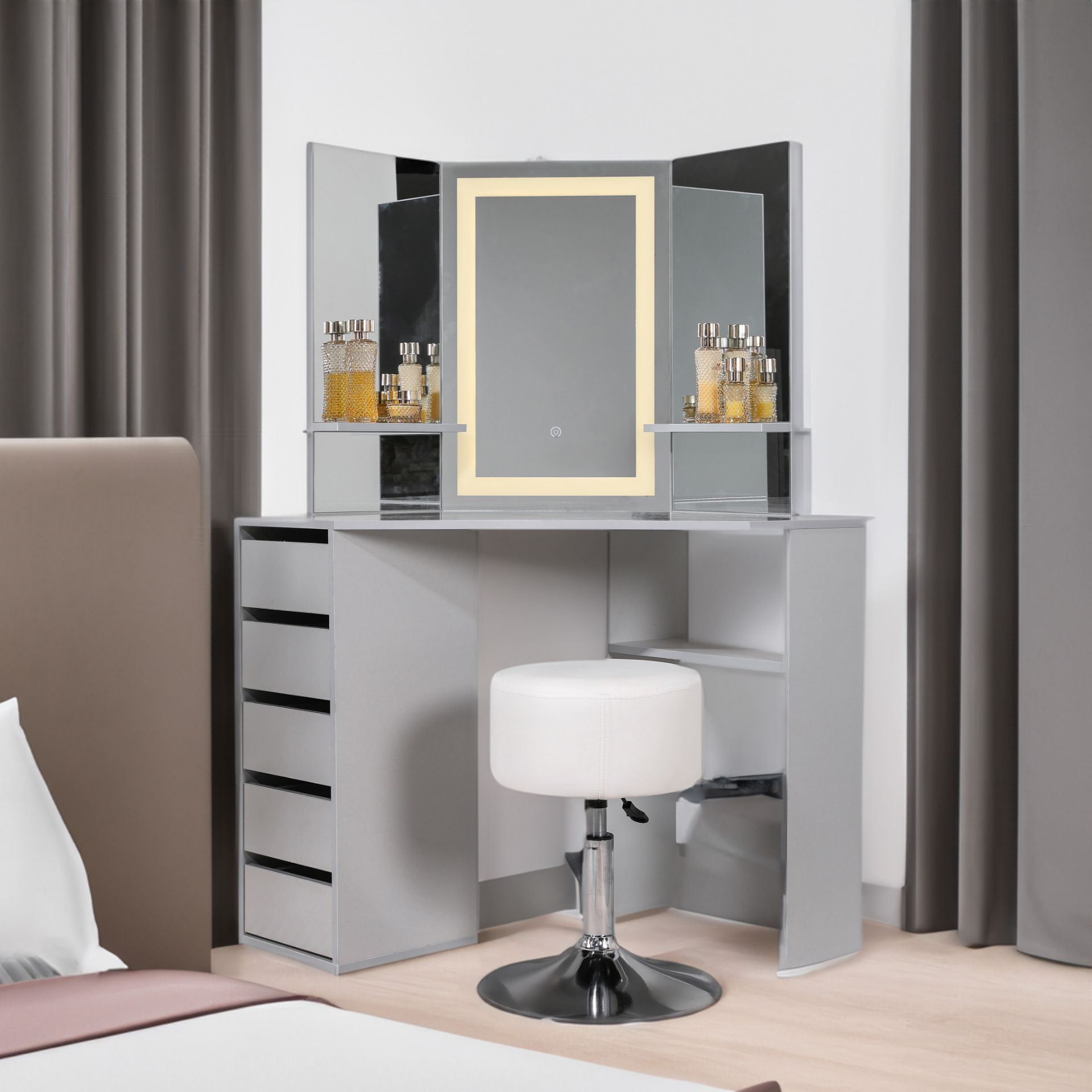 GREY 5 DRAWER MAKE UP CORNER DRESSING TABLE WITH TOUCH LED MIRROR AND STOOL RRP £349.99 - Bild 4 aus 5
