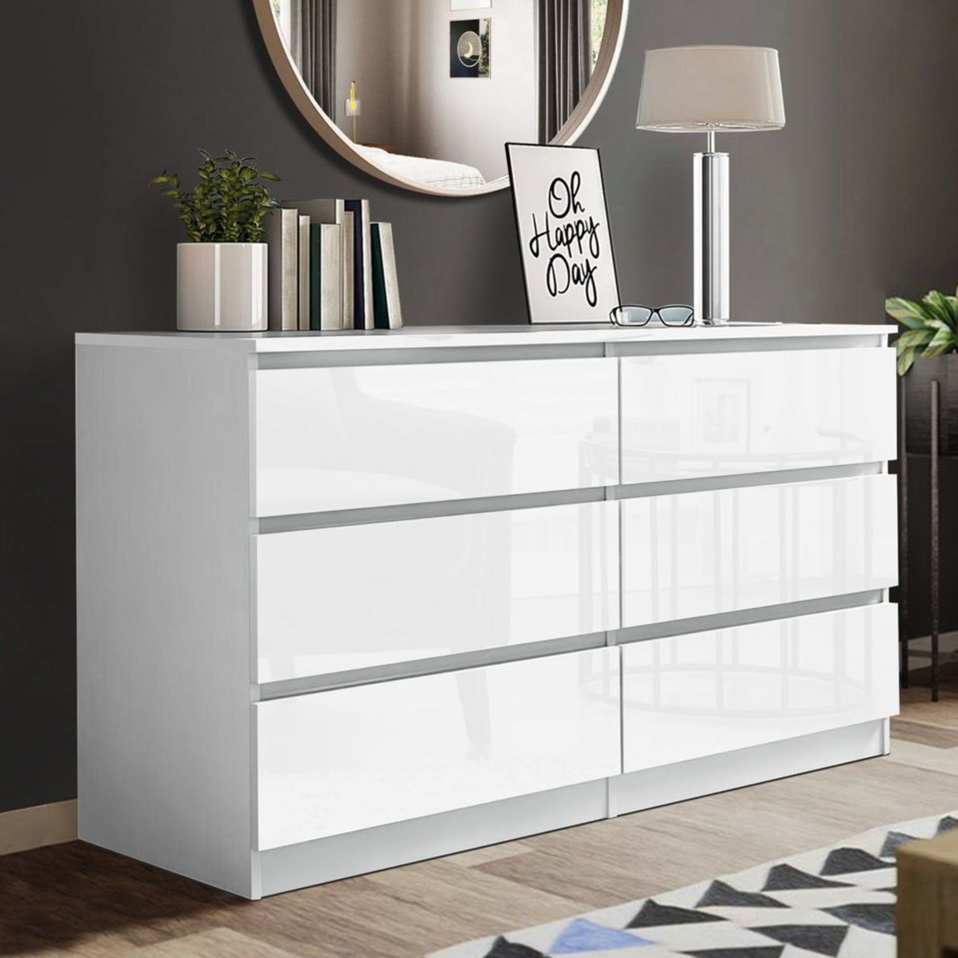 BRAND NEW SLEEK DESIGN WHITE 6 DRAWER HIGH GLOSS CHEST / SIDEBOARD / CABINET HANDLELESS