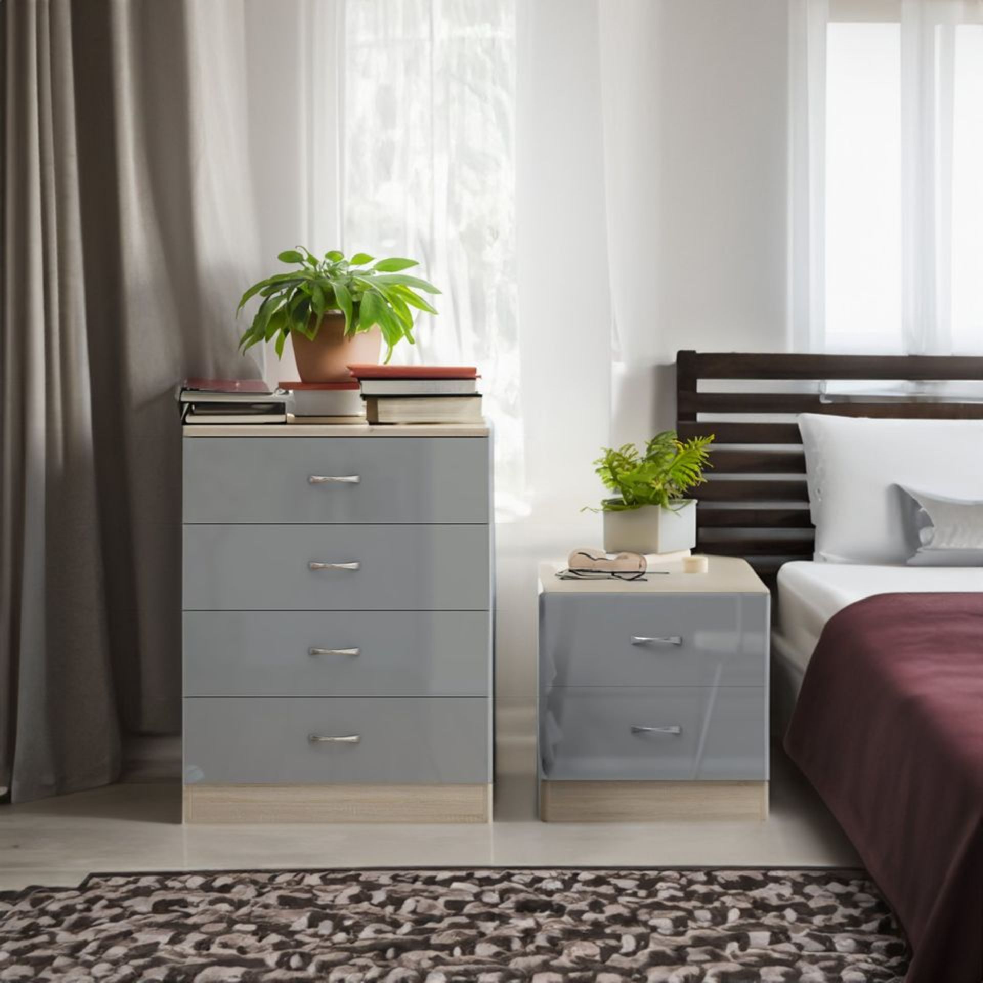 10 X CHEST AND 10 X BEDSIDE - BRAND NEW FLATPACKED GREY GLOSS ON SONOMA OAK