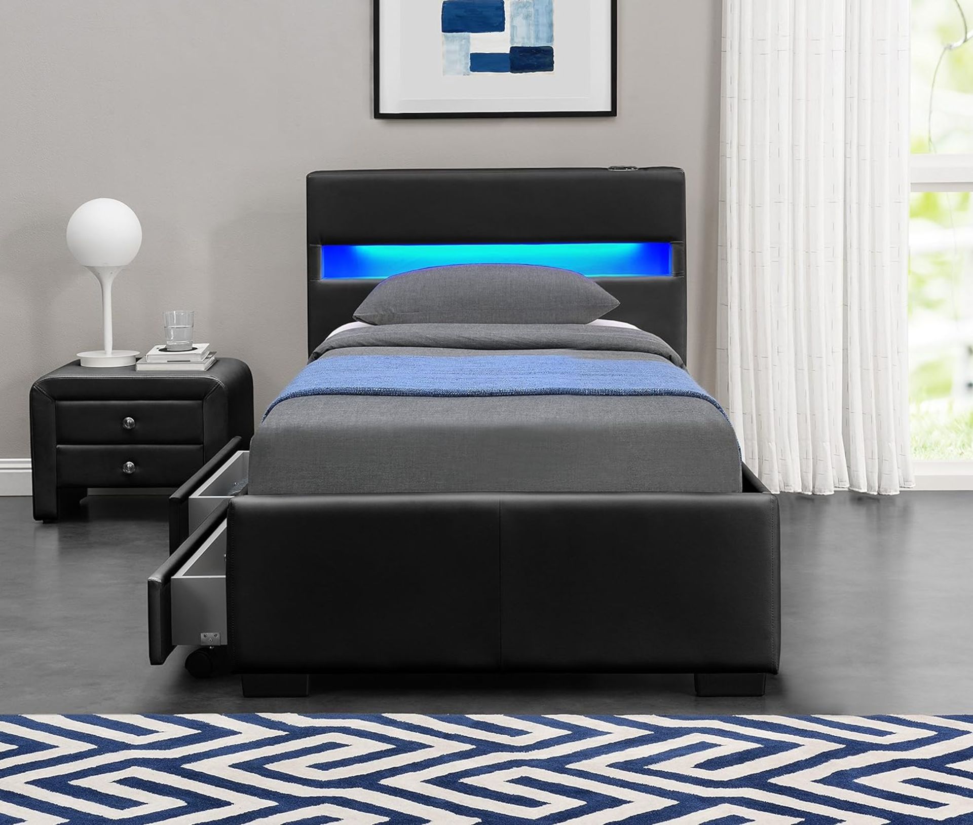 DESIGNER MUSIC BED, BLUETOOTH, SPEAKERS, LED COLOUR CHANGING FAUX LEATHER BED FRAME WITH REMOTE