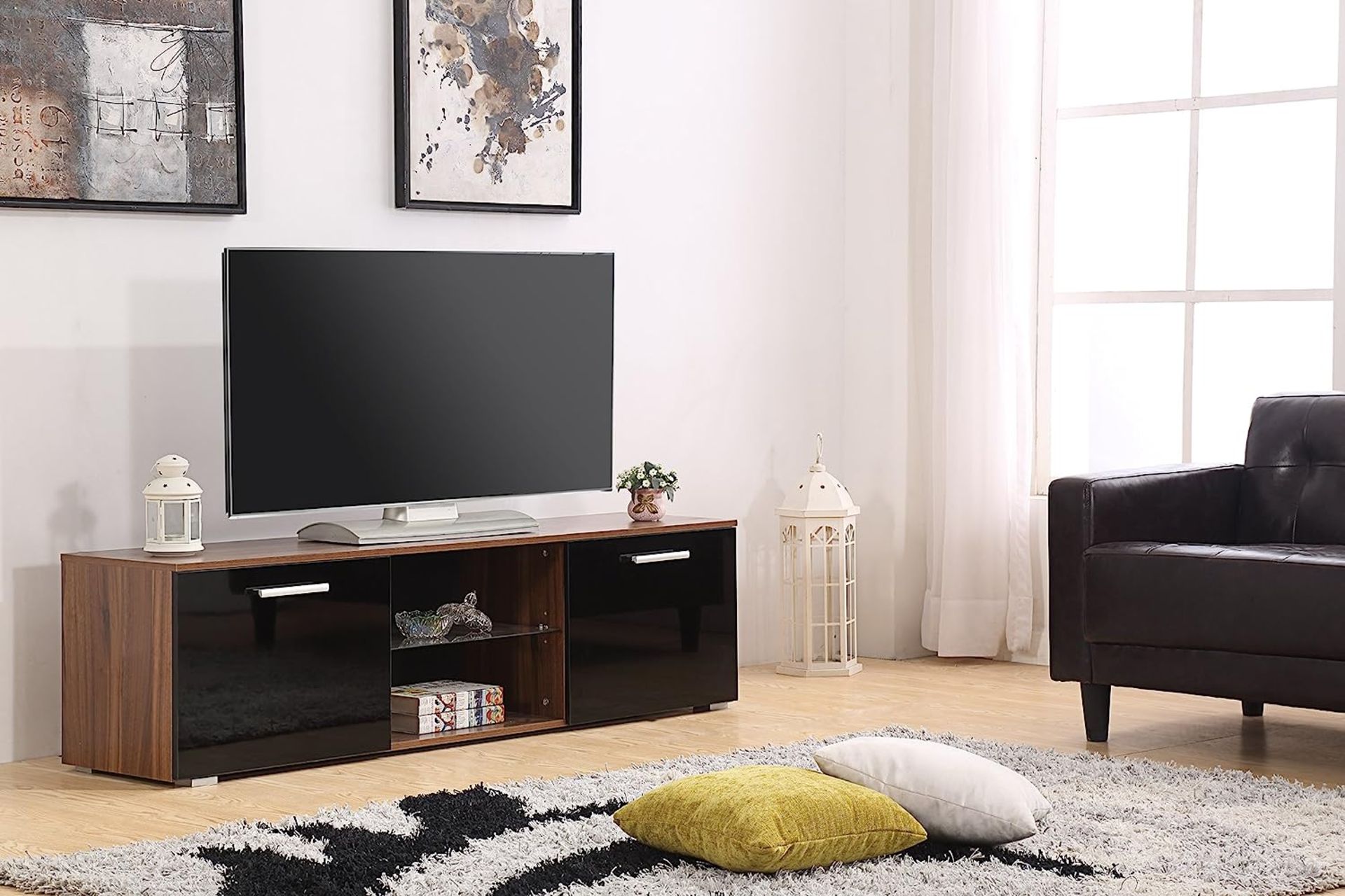 10 X BRAND NEW MODERN 160CM TV STAND CABINET UNIT WITH HIGH GLOSS DOORS (BLACK ON WALNUT) - Image 2 of 9