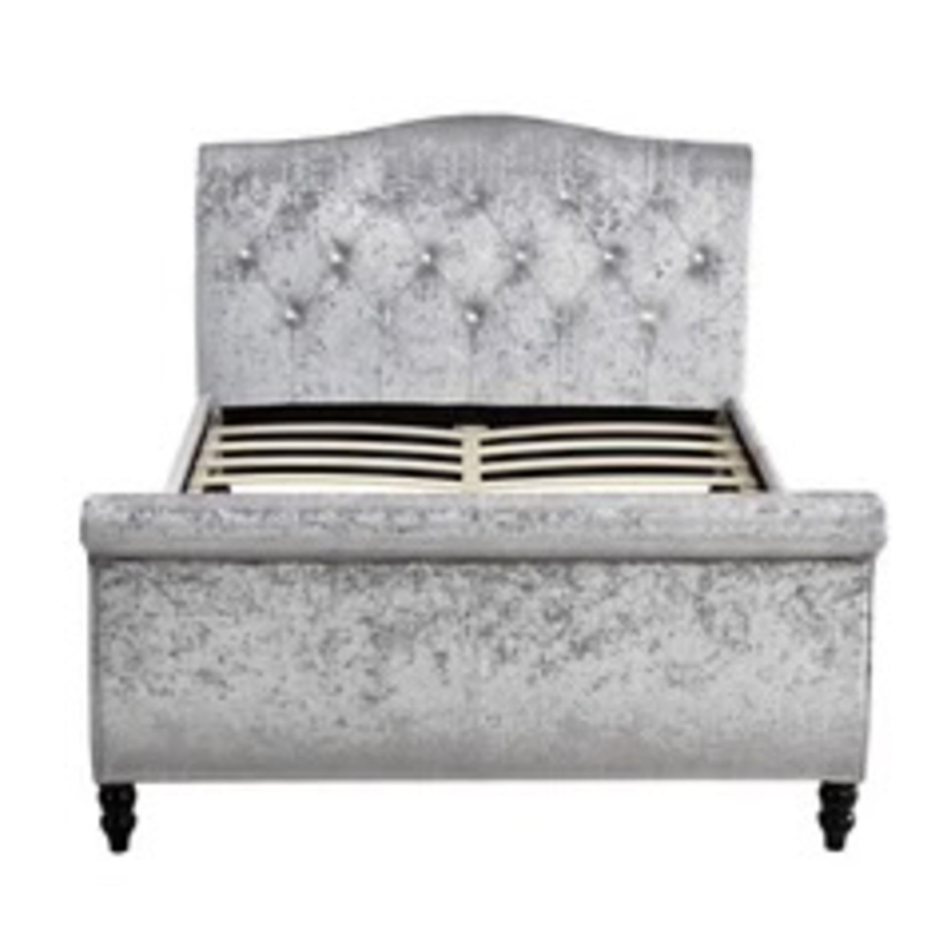 10 X DOUBLE MEISSA CRUSHED VELVET UPHOLSTERED SLEIGH BED WITH DIAMANTE HEADBOARD, SILVER