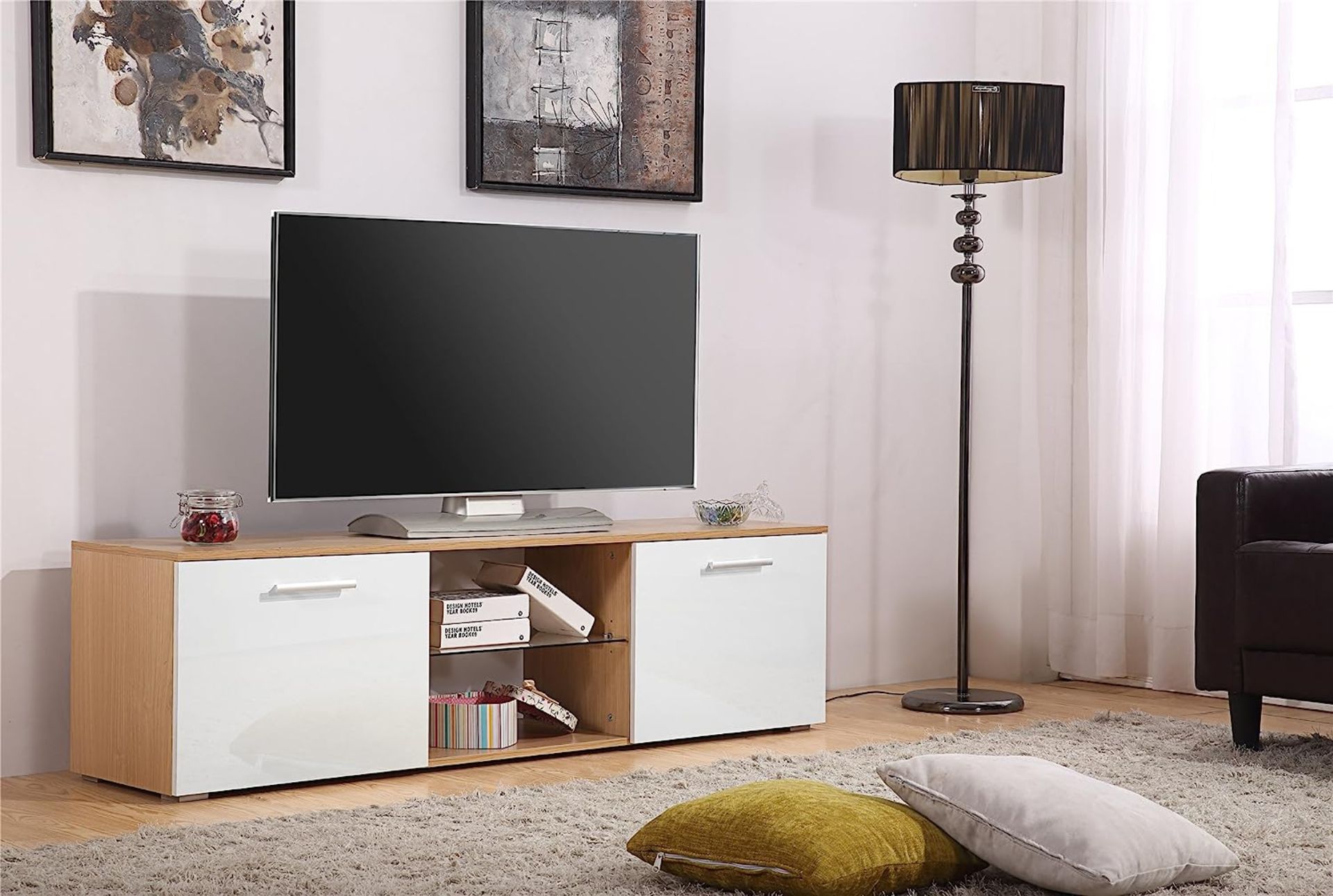 BRAND NEW HARMIN MODERN 160CM TV STAND CABINET UNIT WITH HIGH GLOSS DOORS (WHITE ON OAK)
